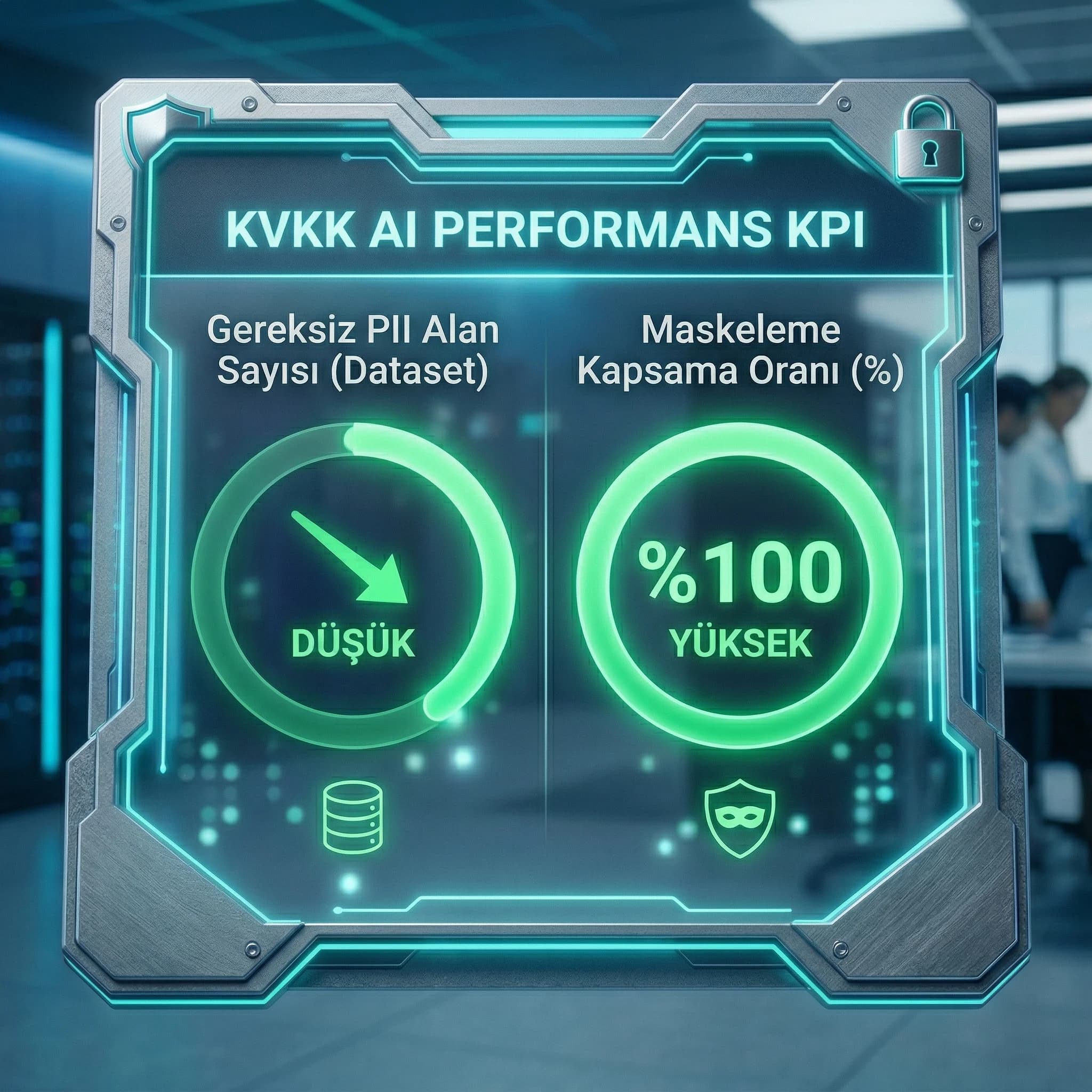 PII alan sayısı ve maskeleme kapsama KPI kartı, otel ve B2B