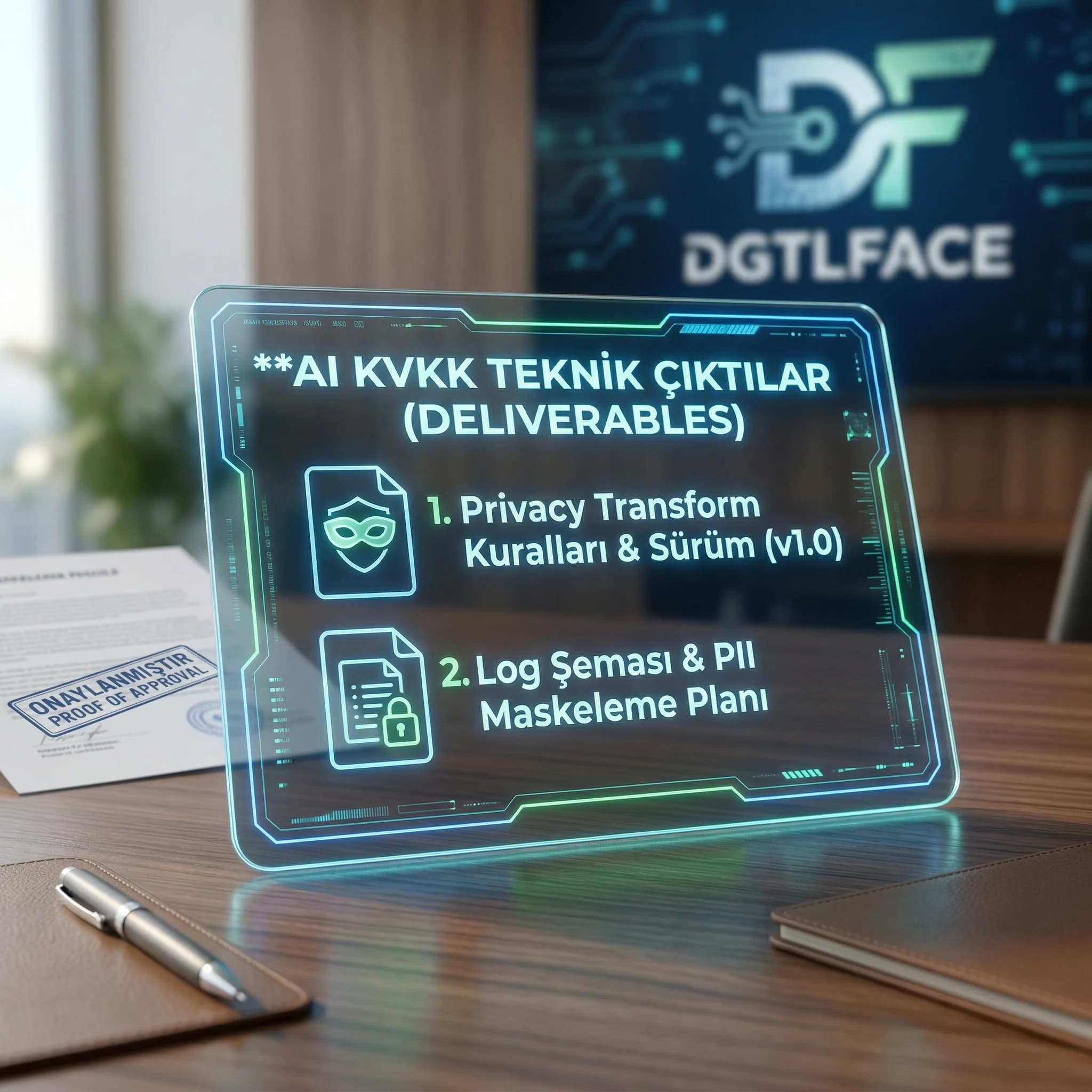 Privacy transform ve log şeması deliverables kartı, otel ve B2B