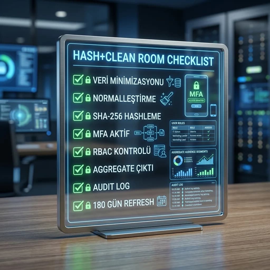 Hashed audience ve clean room checklist kartı, erişim ve log kontrolleri