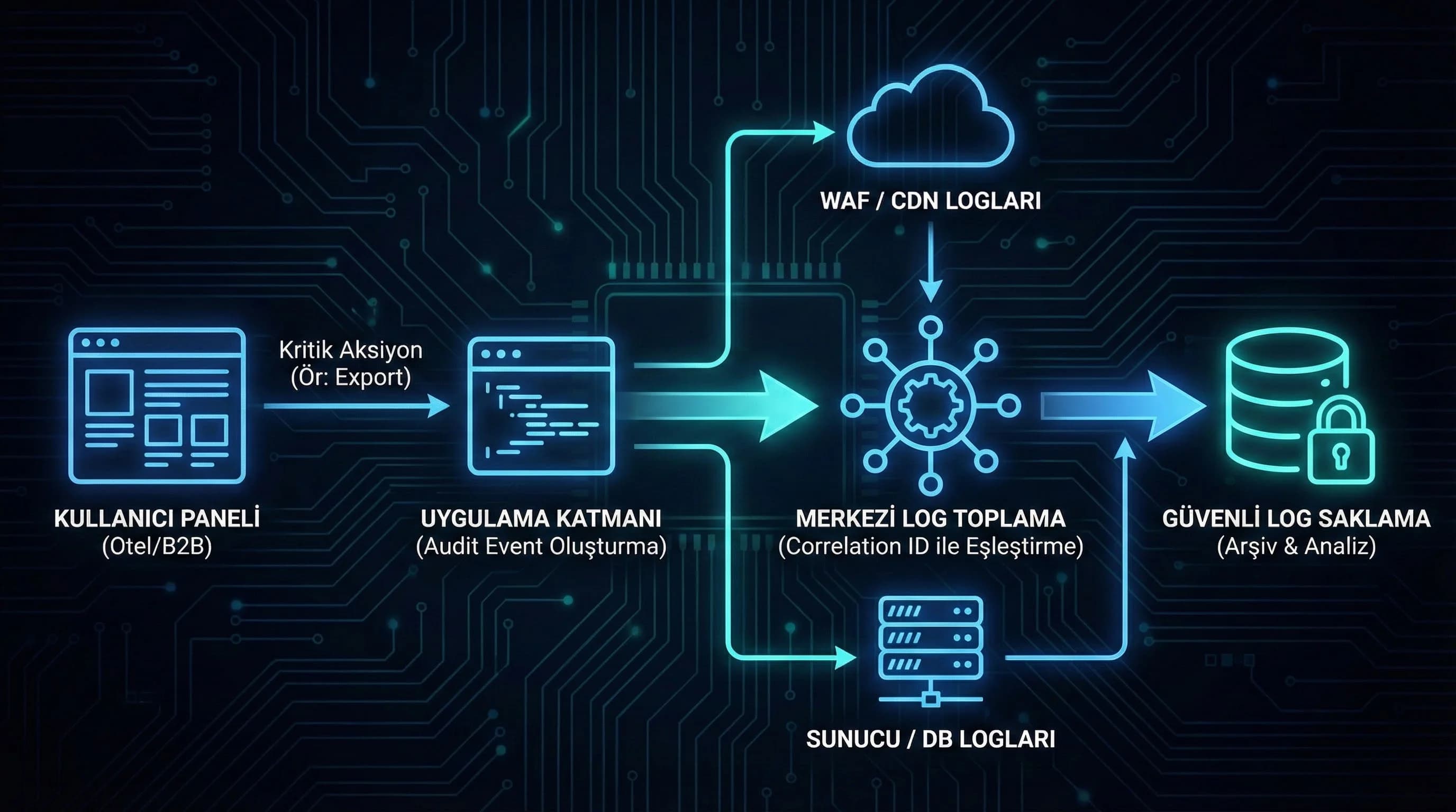 Panel ve sunucu log akış diyagramı, otel ve B2B senaryosu