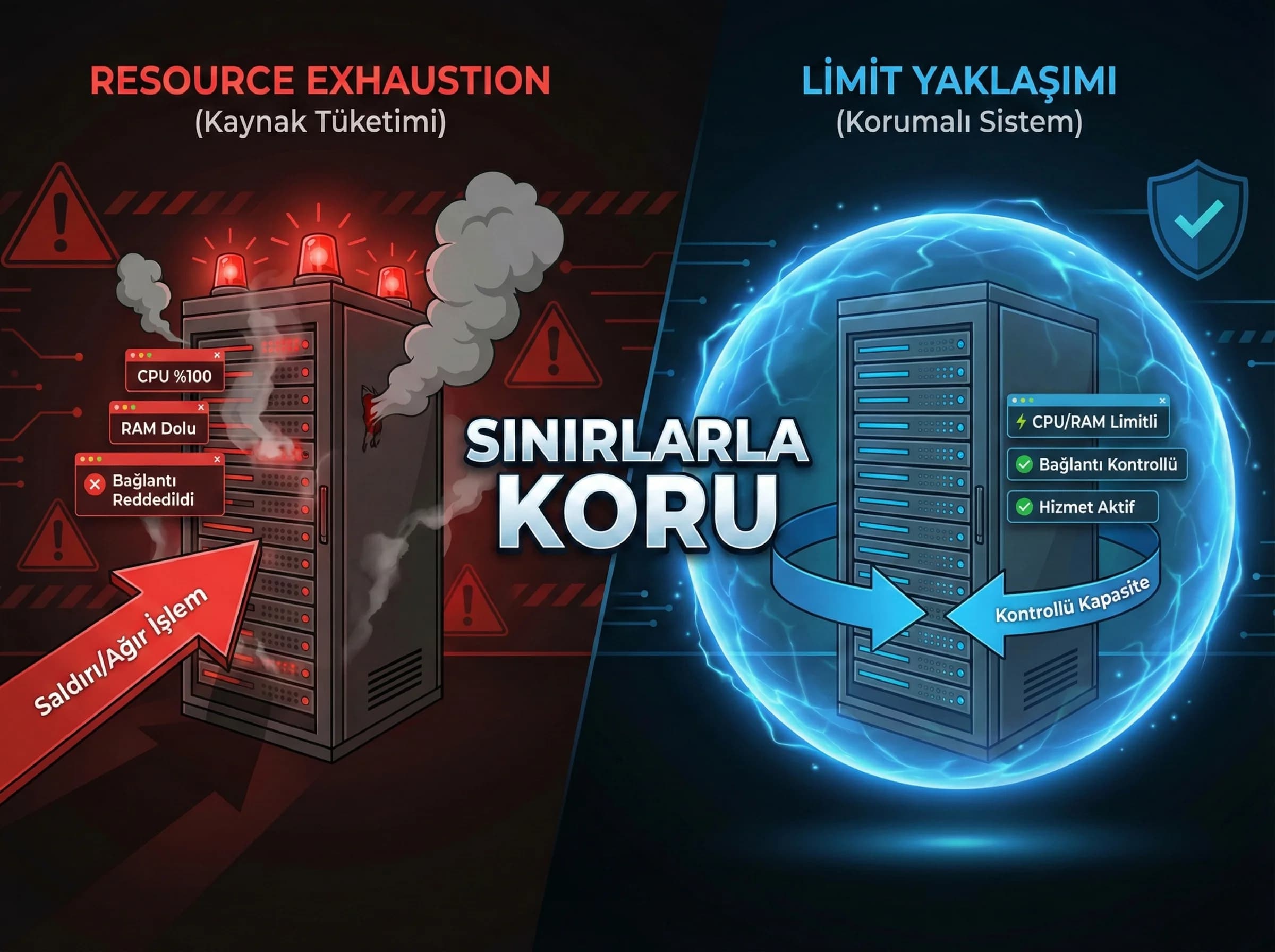Resource exhaustion saldırıları ve limit yaklaşımı, performans ve güvenlik için bölüm ayırıcı