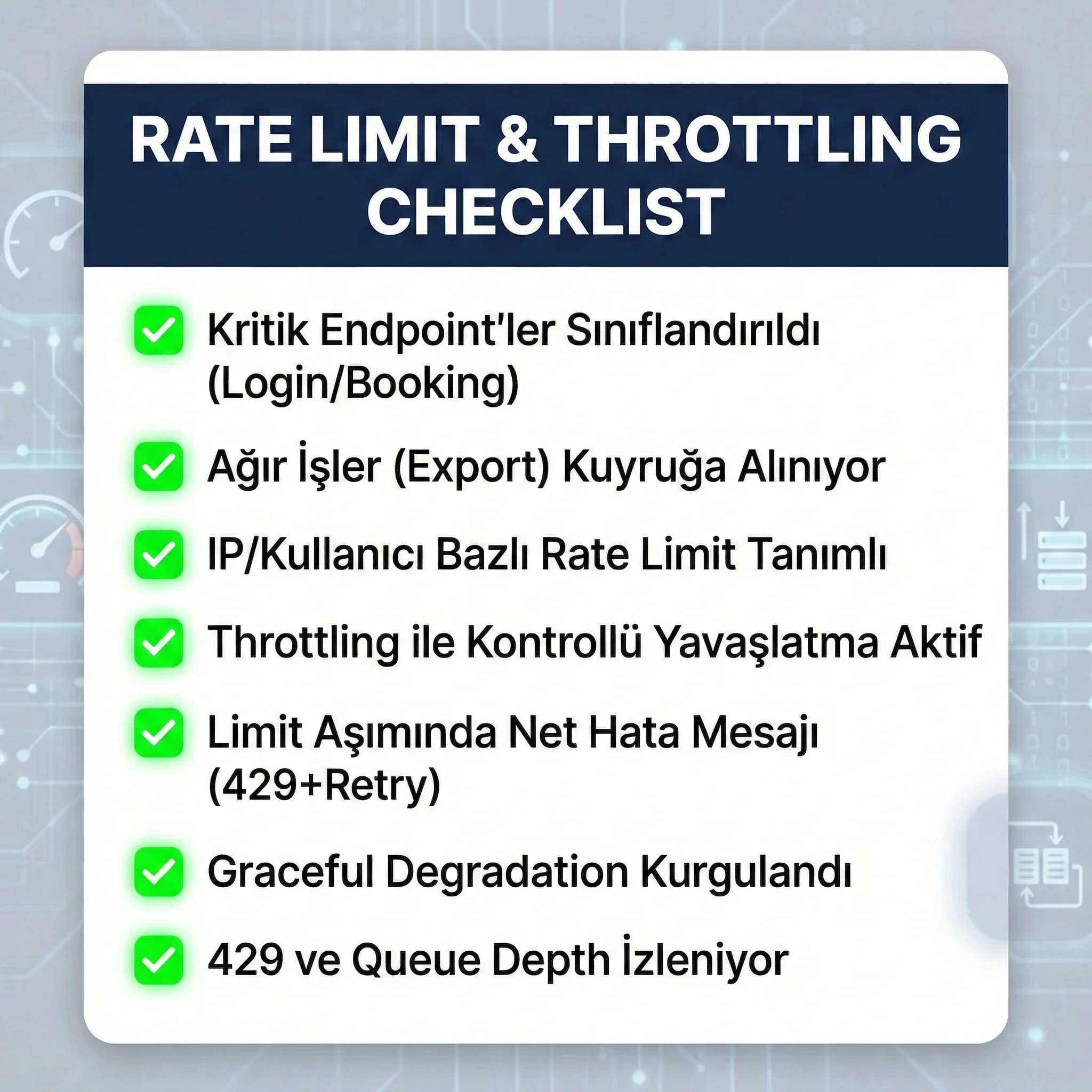 Rate limit throttling checklist’i, kuyruk ve graceful degradation ile uygulanabilir strateji