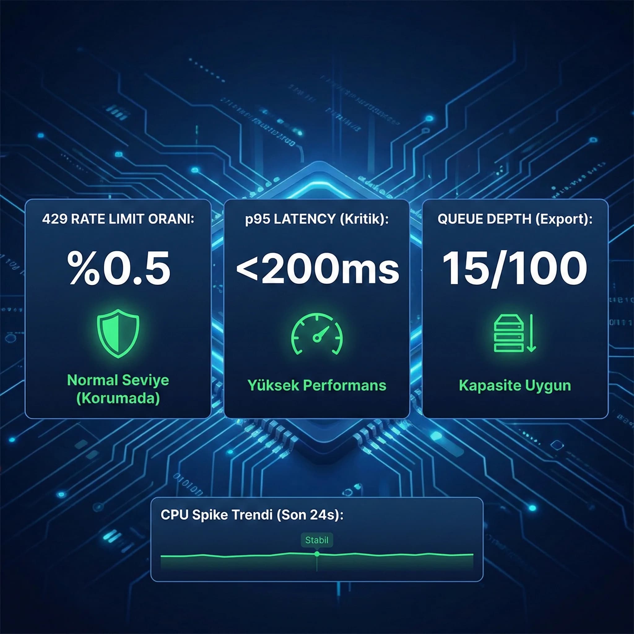 429 p95 ve queue depth KPI paneli, kaynak limitleriyle kontrollü performans yönetimi