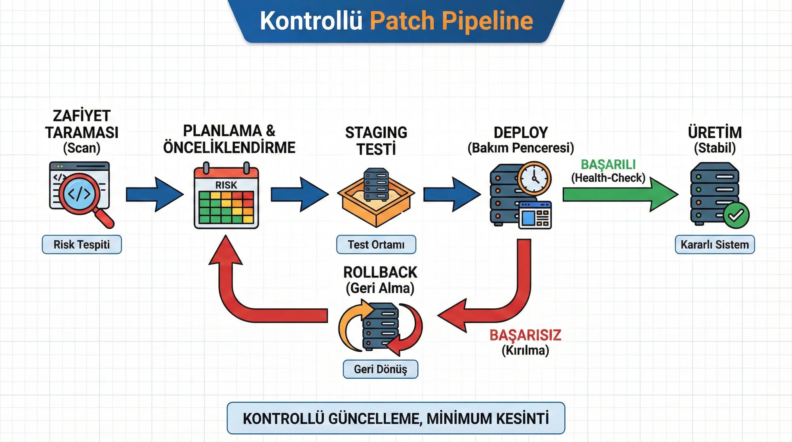 Scan plan test deploy rollback akışı, kontrollü güncelleme ve kesinti azaltma stratejisi