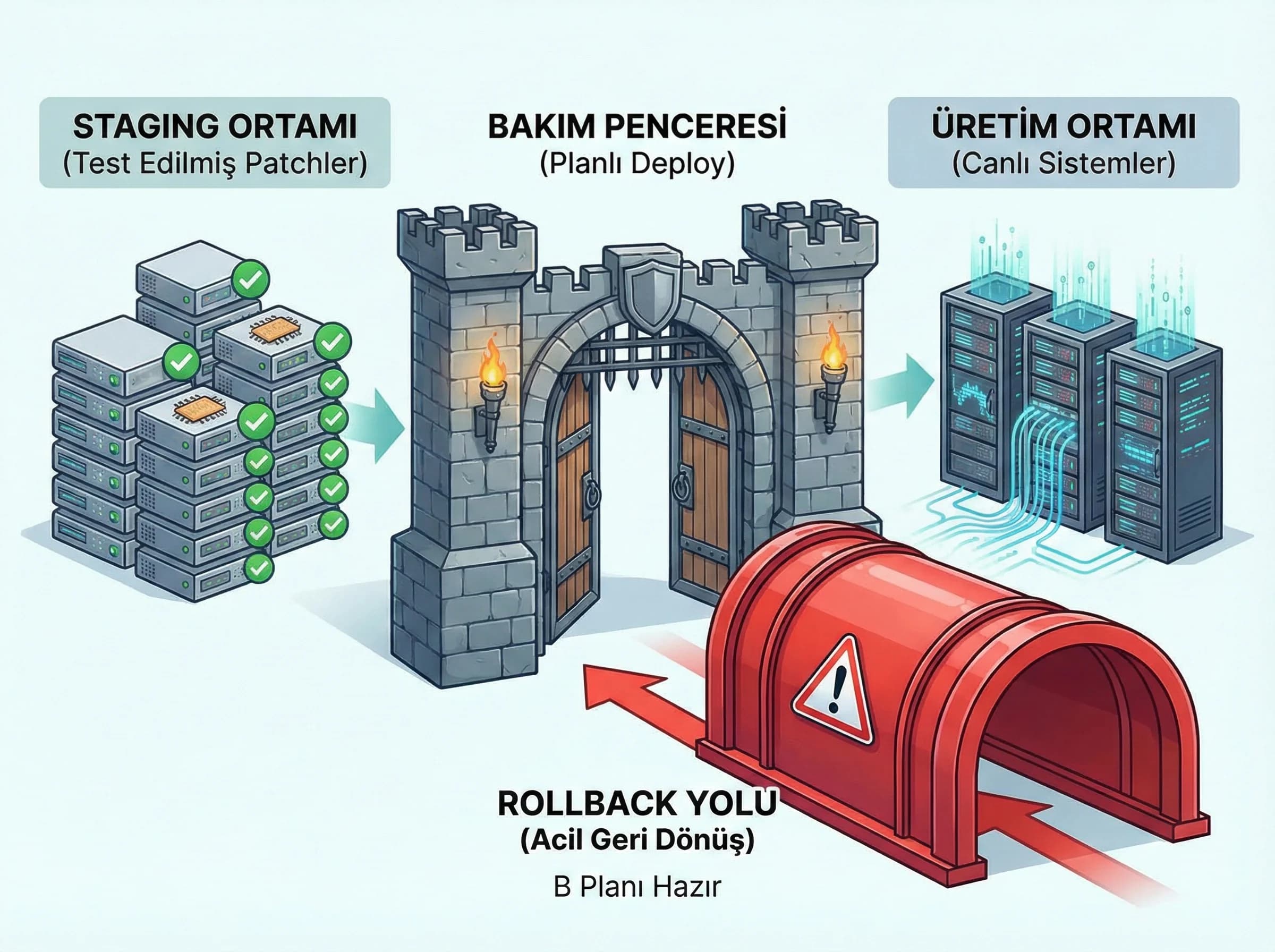 Bakım penceresi ve rollback planı, üretime kontrollü patch uygulama bölümü ayırıcı