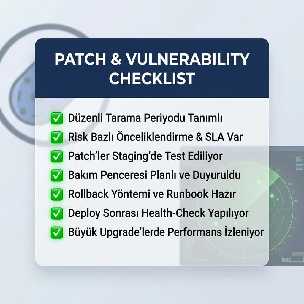 Patch ve zafiyet tarama checklist’i, staging testleri ve rollback ile uygulanabilir süreç