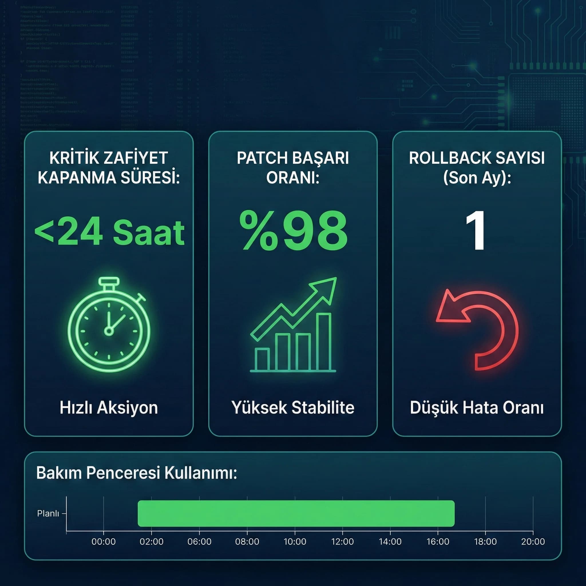 Kritik zafiyet kapanma süresi KPI paneli, patch olgunluğu ve rollback izleme