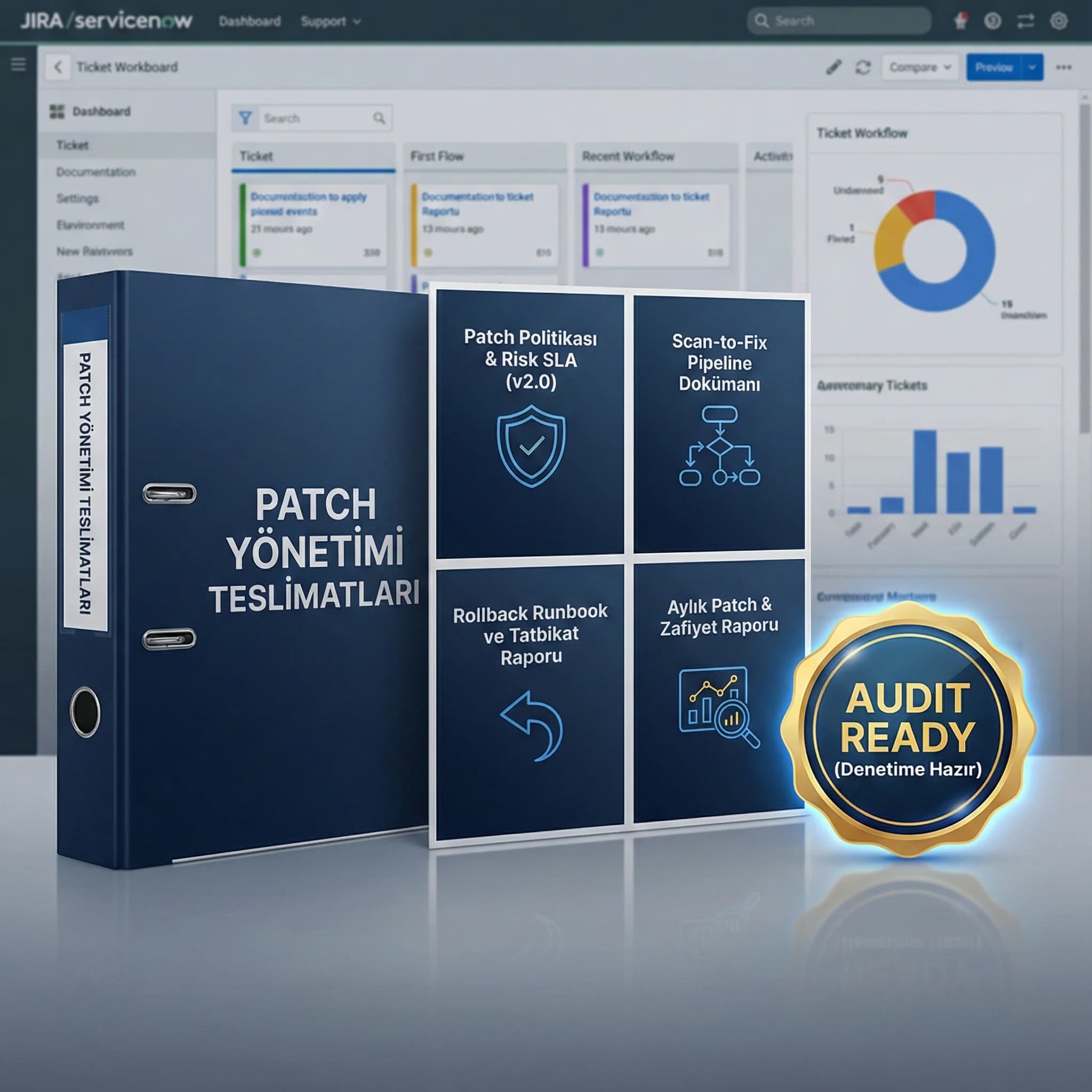 Patch deliverable seti, politika ve runbook ile kontrollü bakım penceresi yönetimi