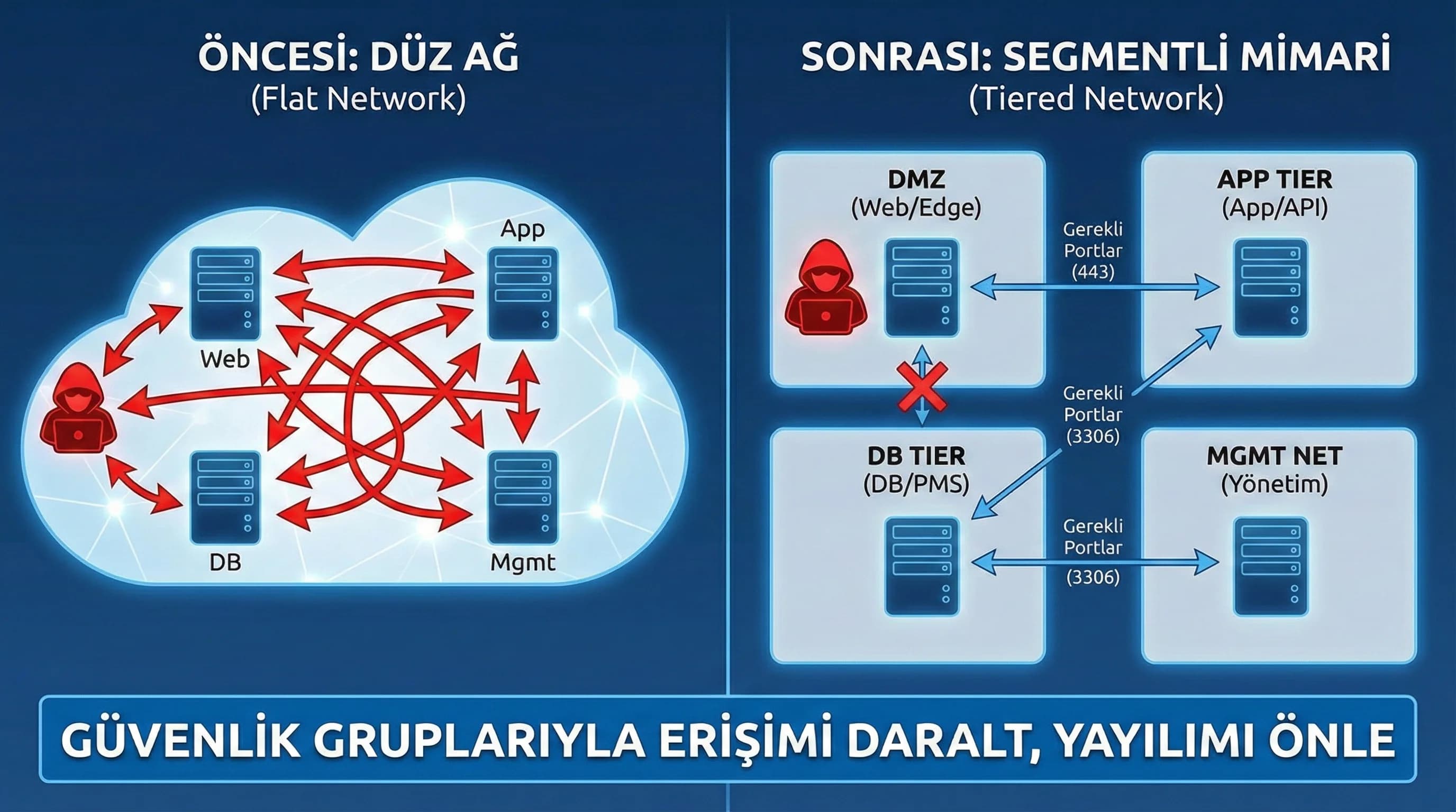 Düz ağdan segmentli mimariye geçiş, güvenlik gruplarıyla erişimi daraltma ve yayılımı azaltma