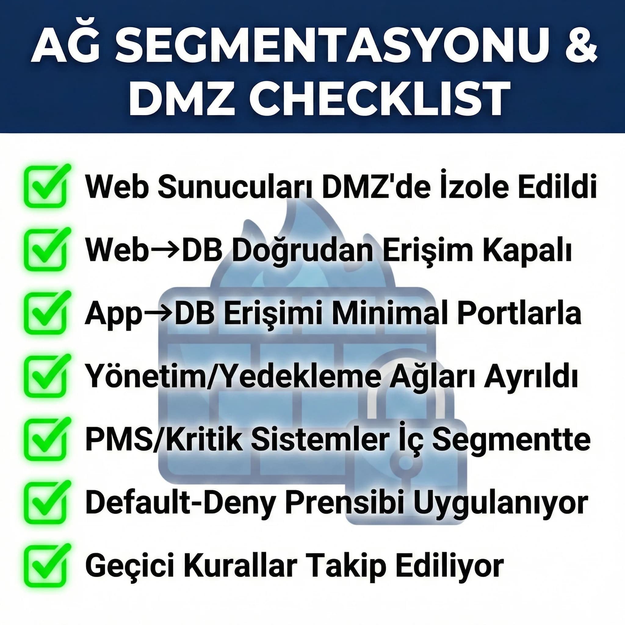 Segmentasyon checklist’i, DMZ ve güvenlik gruplarıyla lateral movement önleme adımları