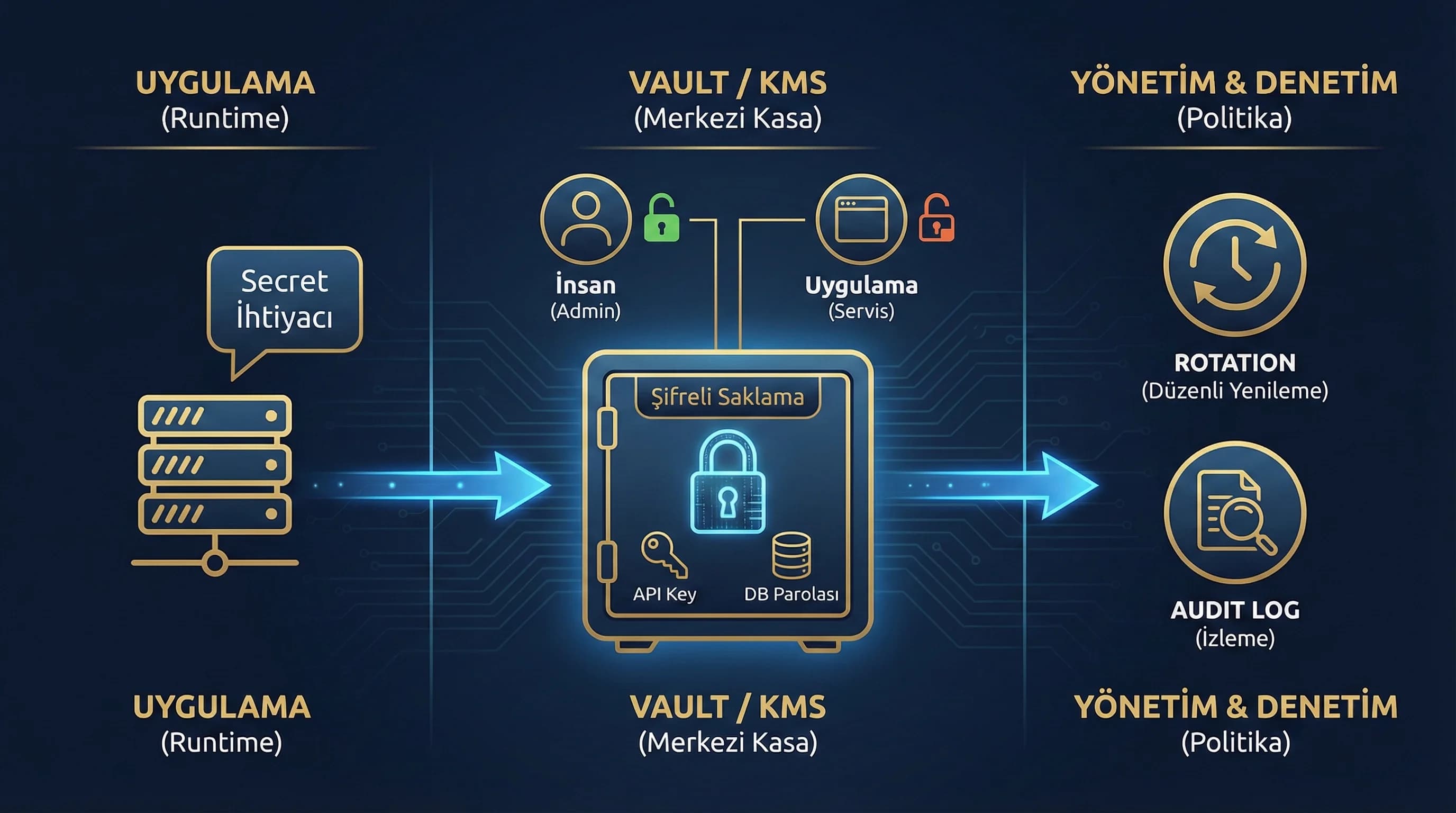 Uygulamadan vault KMS’e secret akışı, rol bazlı erişim ve rotation politikasıyla güvenli paylaşım