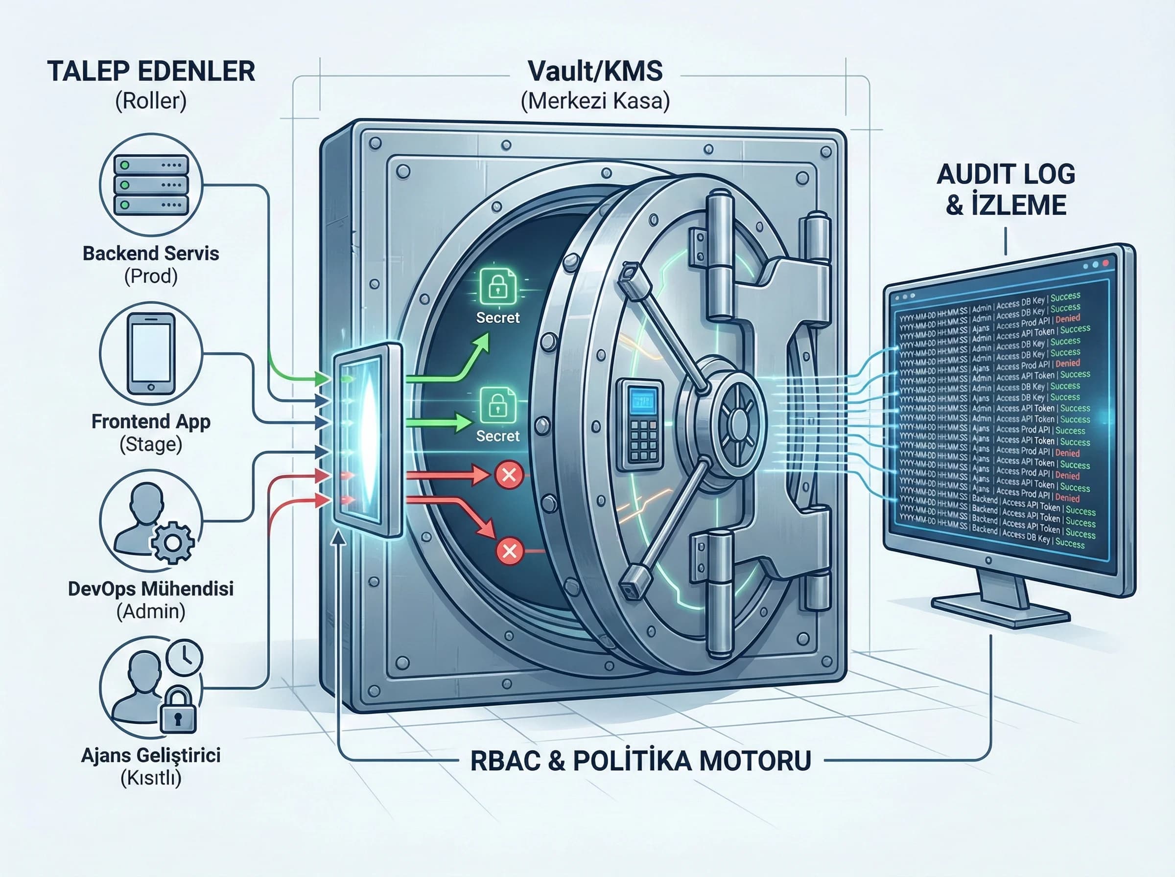 Vault KMS ile RBAC ve audit log, güvenli secret saklama bölümü ayırıcı