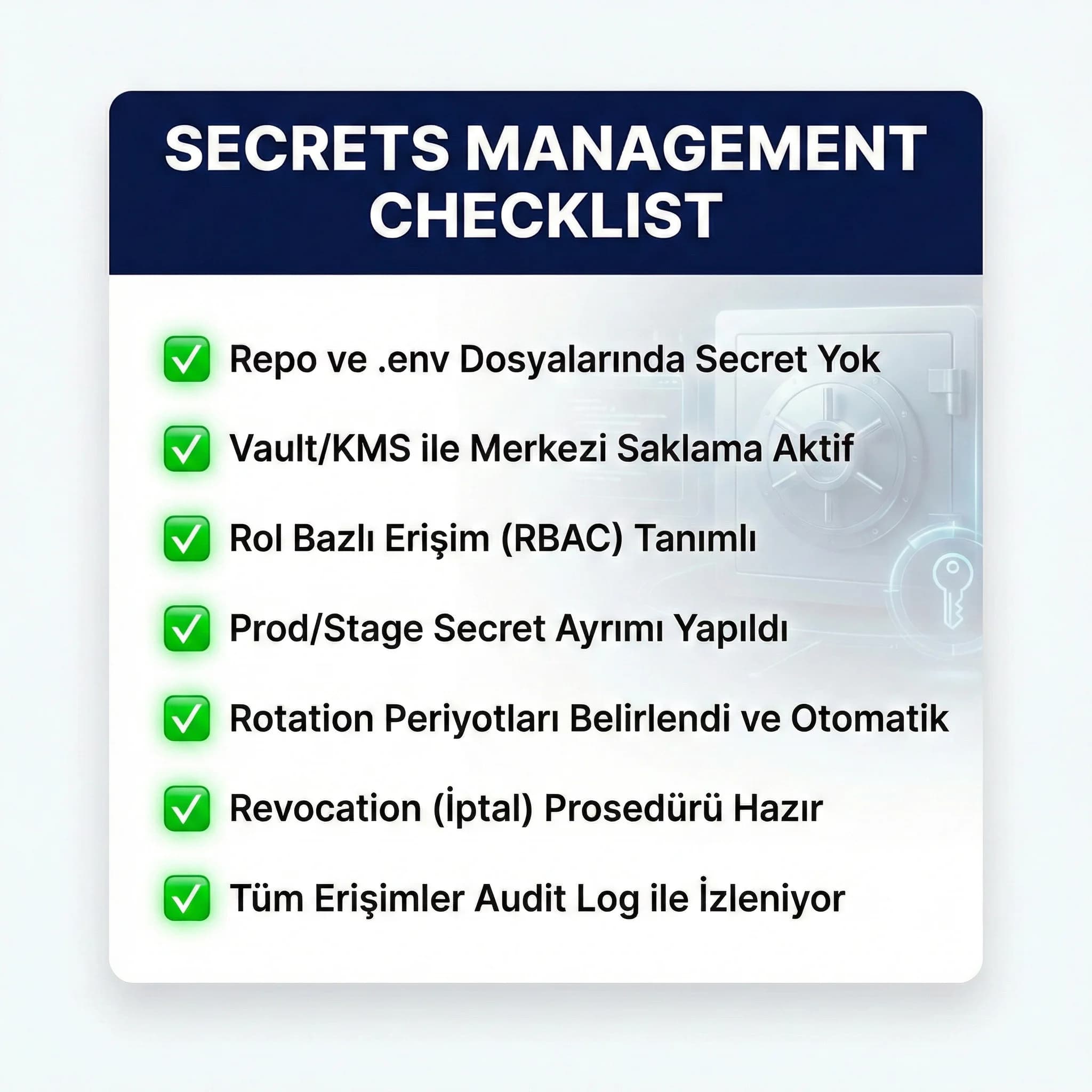 Secrets management checklist’i, repo dışı saklama ve rotation politikasıyla uygulanabilir güvenlik rehberi