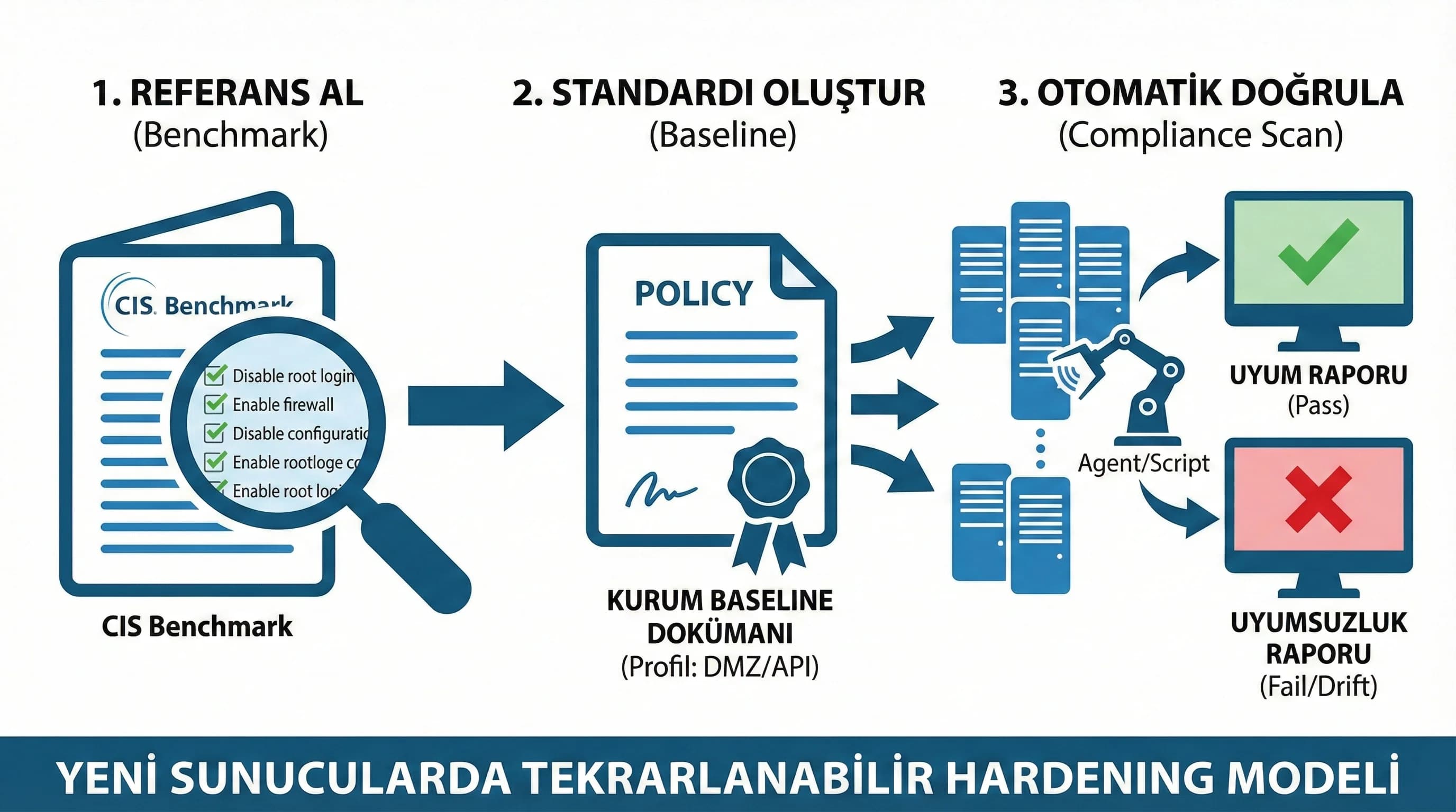 Benchmark baseline compliance scan akışı, yeni sunucu açılışında standart bazlı hardening modeli
