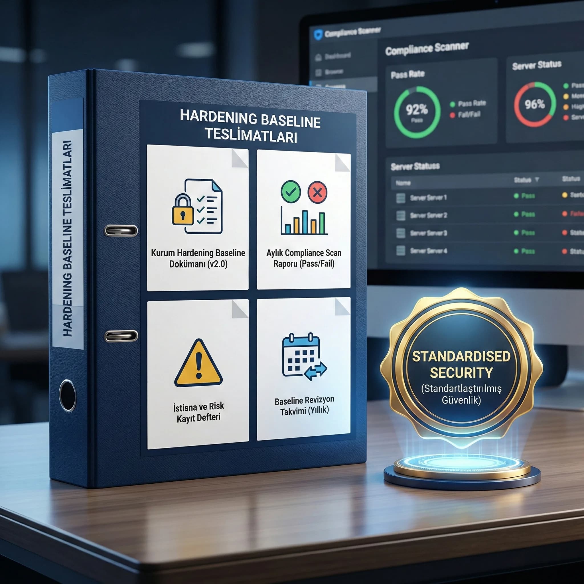 Hardening deliverable seti, baseline dokümanı ve compliance raporlarıyla sürdürülebilir güvenlik standardı