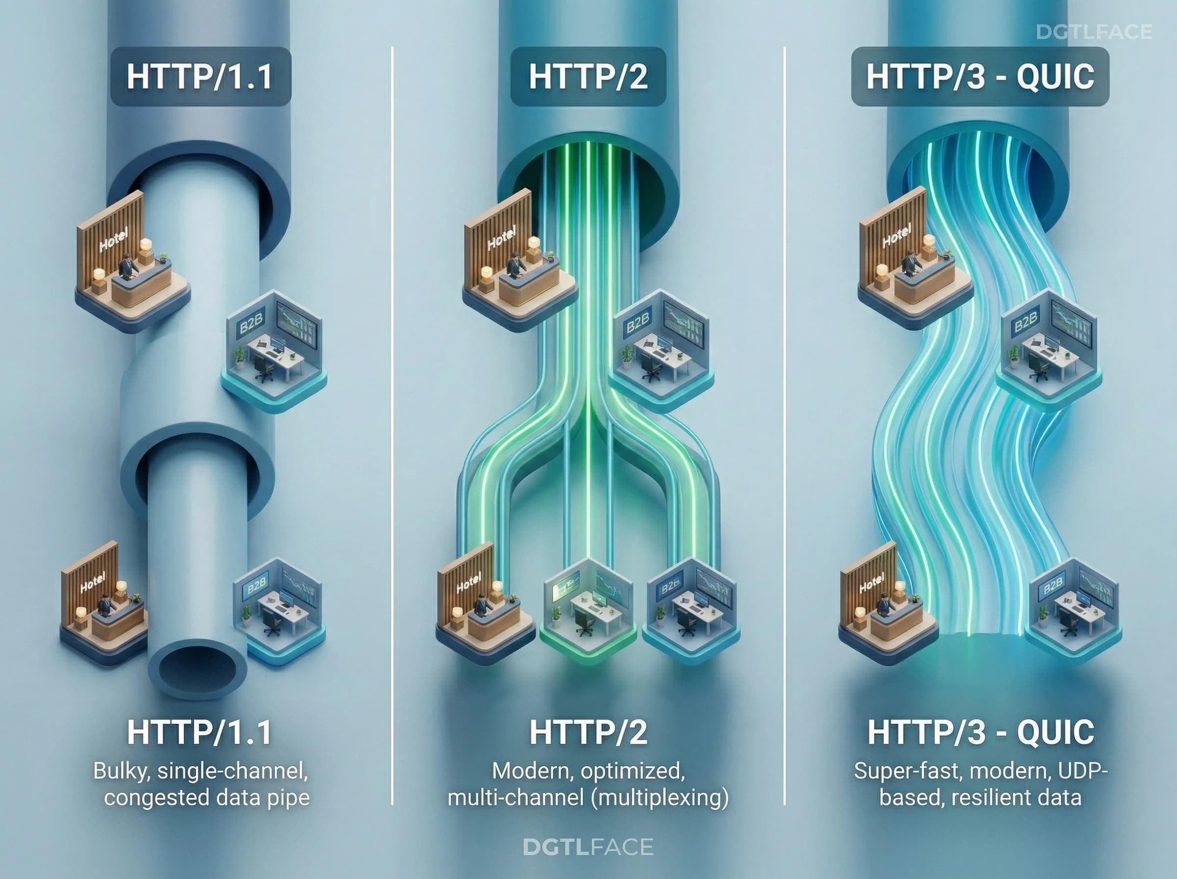 HTTP/1.1–2–3 karşılaştırması, otel ve kurumsal siteler için protokol modernizasyonu bölümü