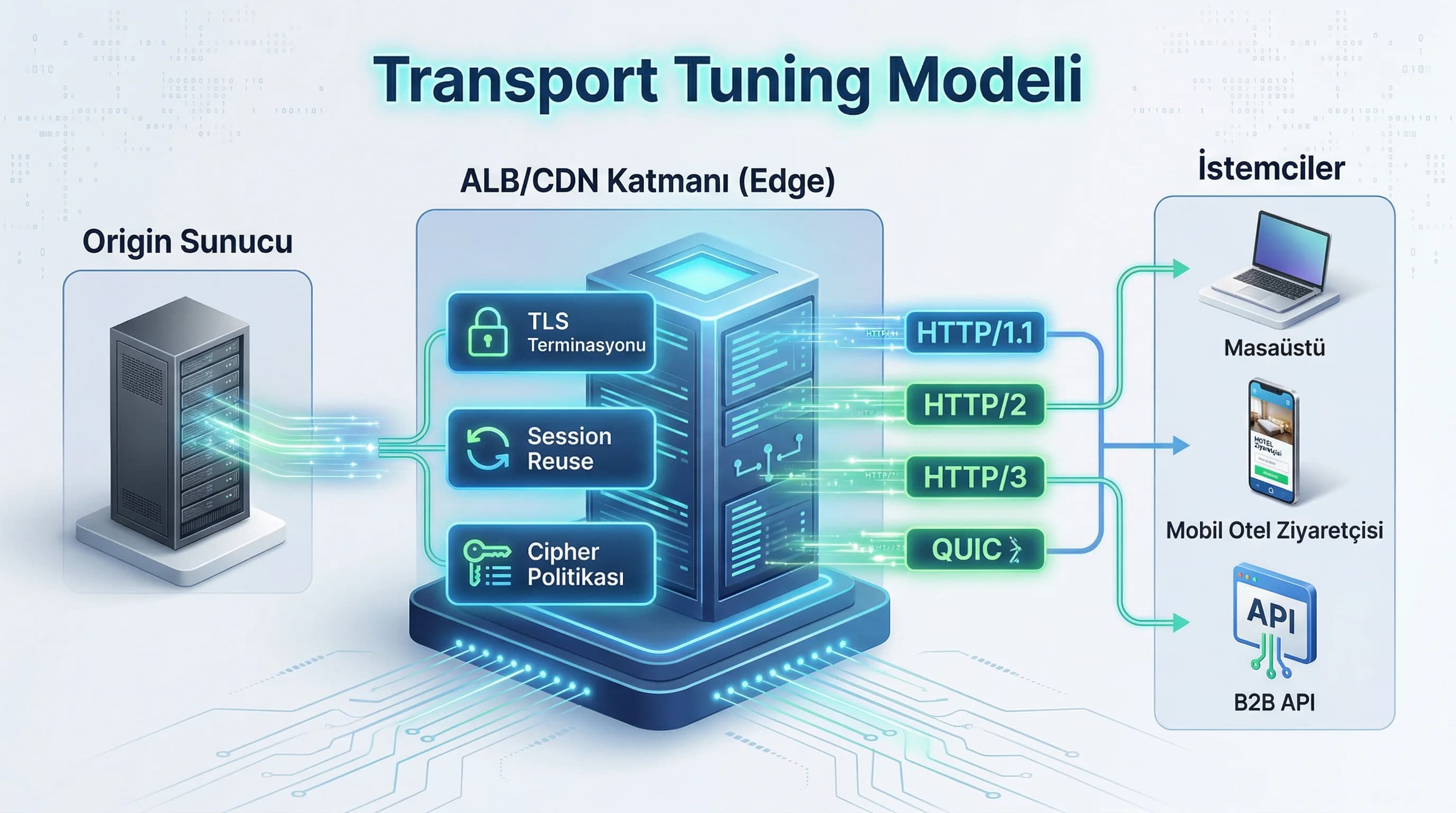 HTTP protokolleri ve TLS katmanları, CDN ALB terminasyonu ile transport tuning diyagramı