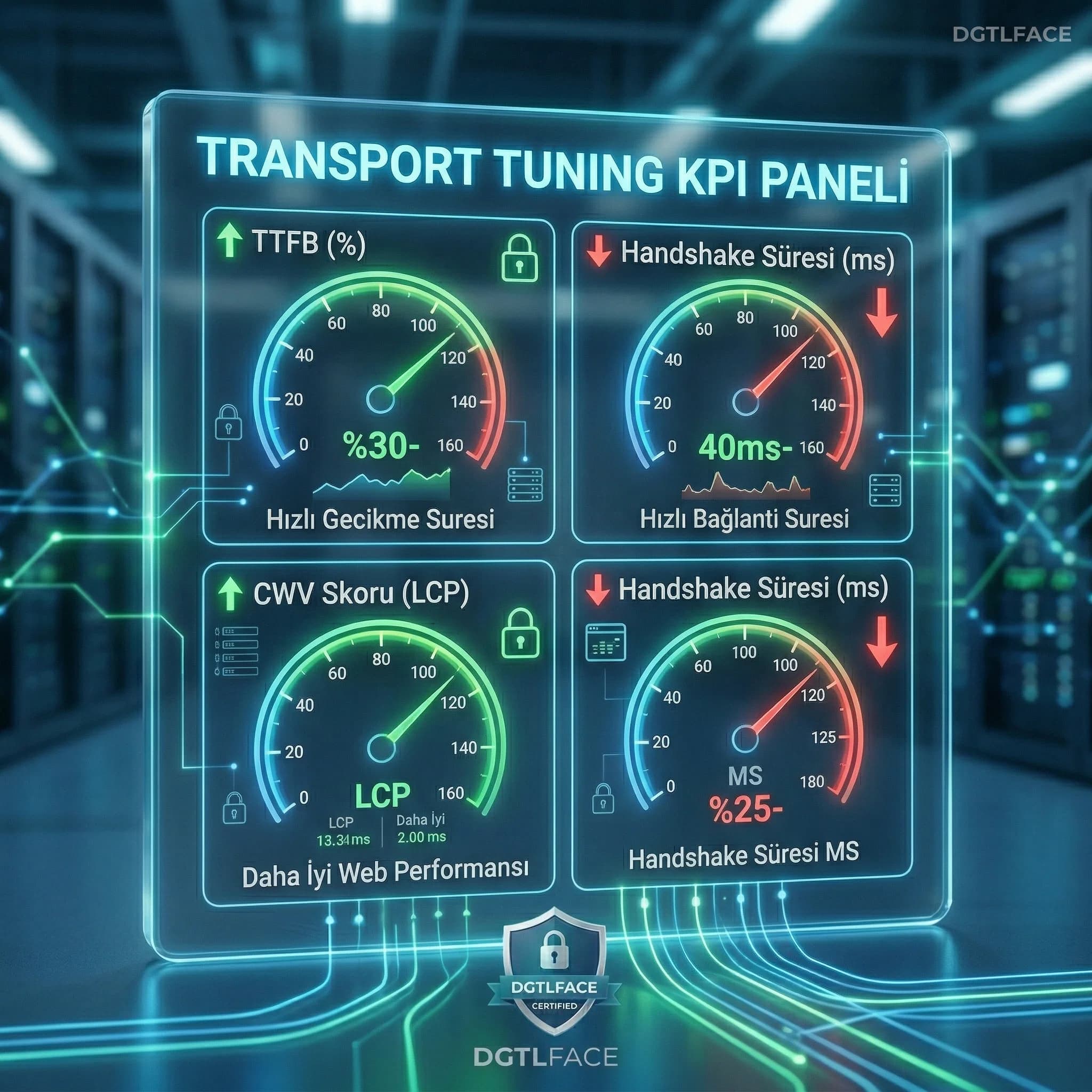 TTFB handshake ve CWV KPI paneli, HTTP/2/3 ve TLS tuning etkisini izleme