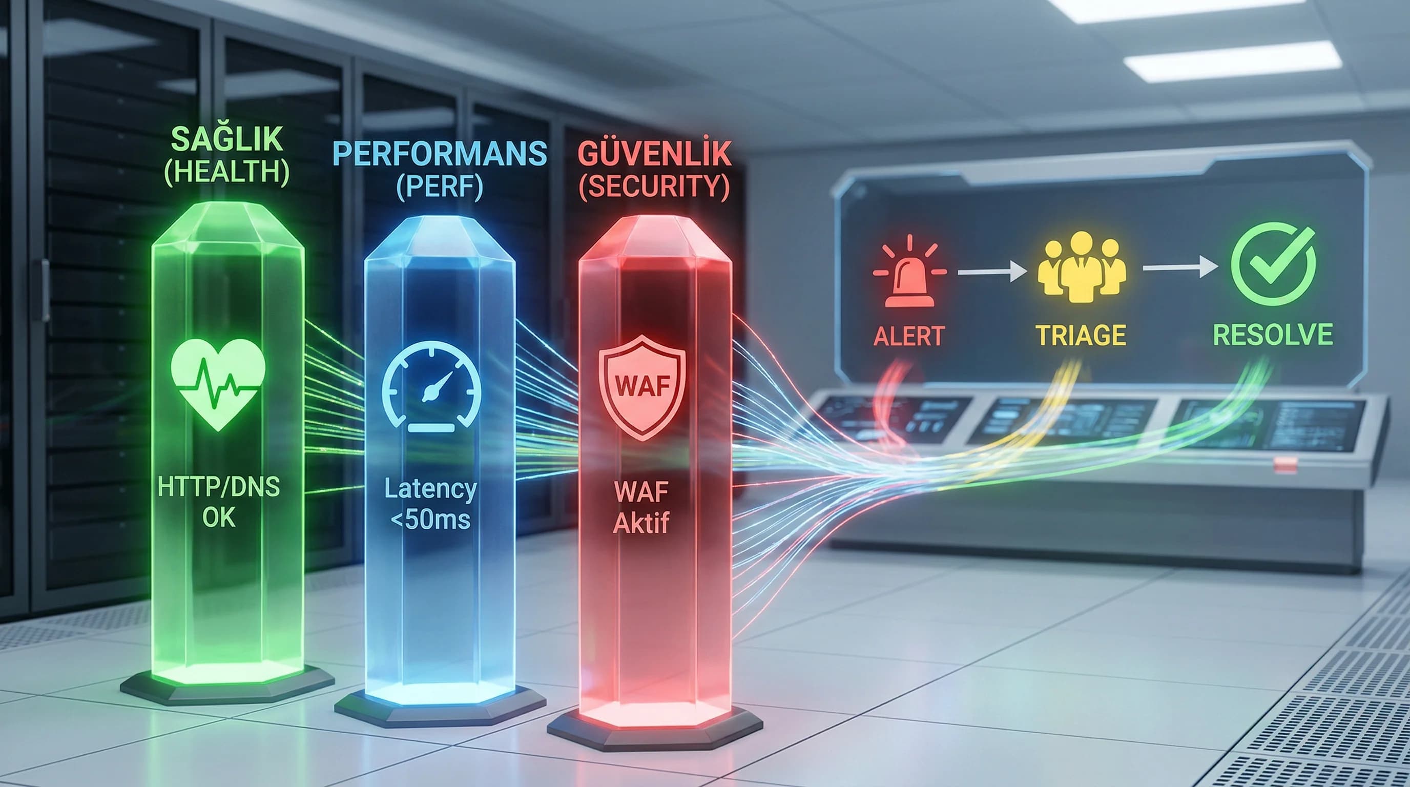 Health perf security izleme katmanları, alert triage resolve akışı ile uptime ve güvenlik dengesi