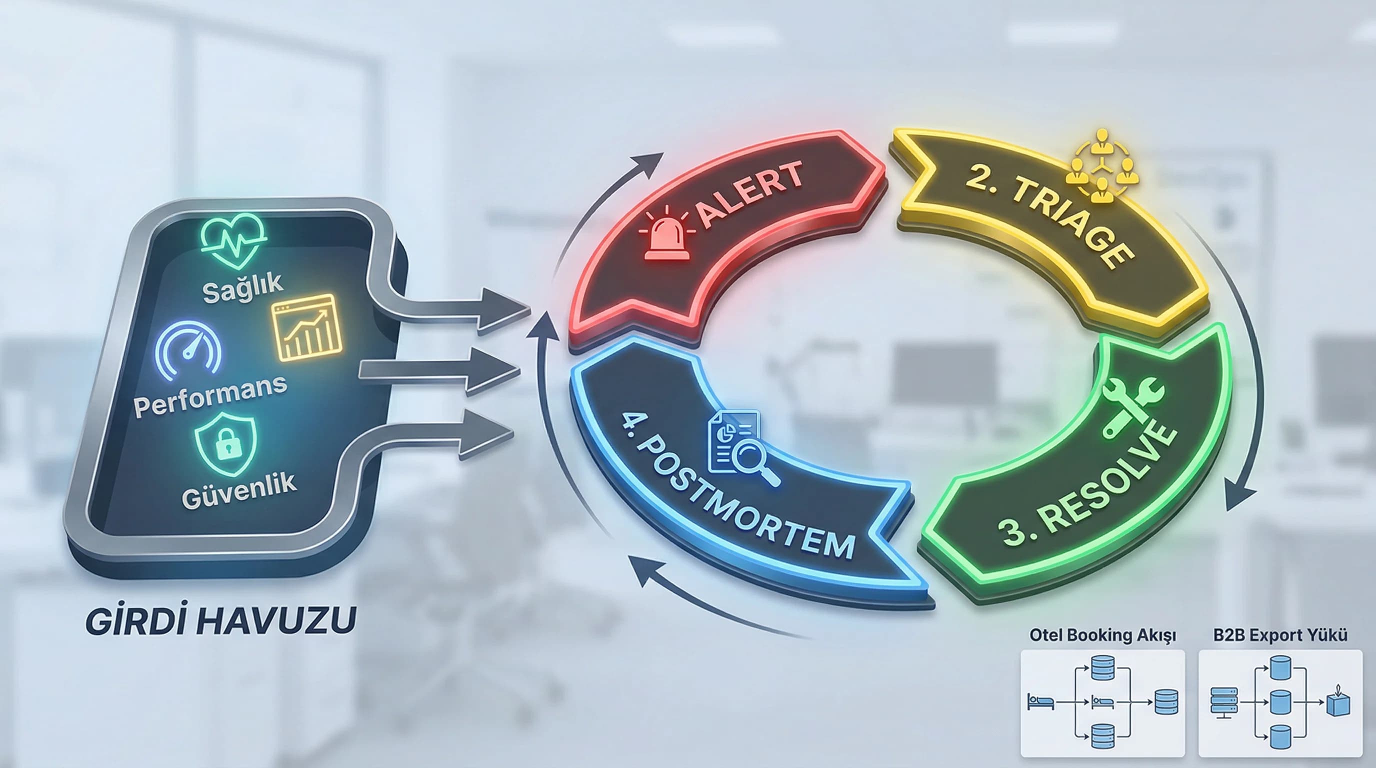 Monitoring katmanları ve incident akışı, alert triage resolve postmortem diyagramı