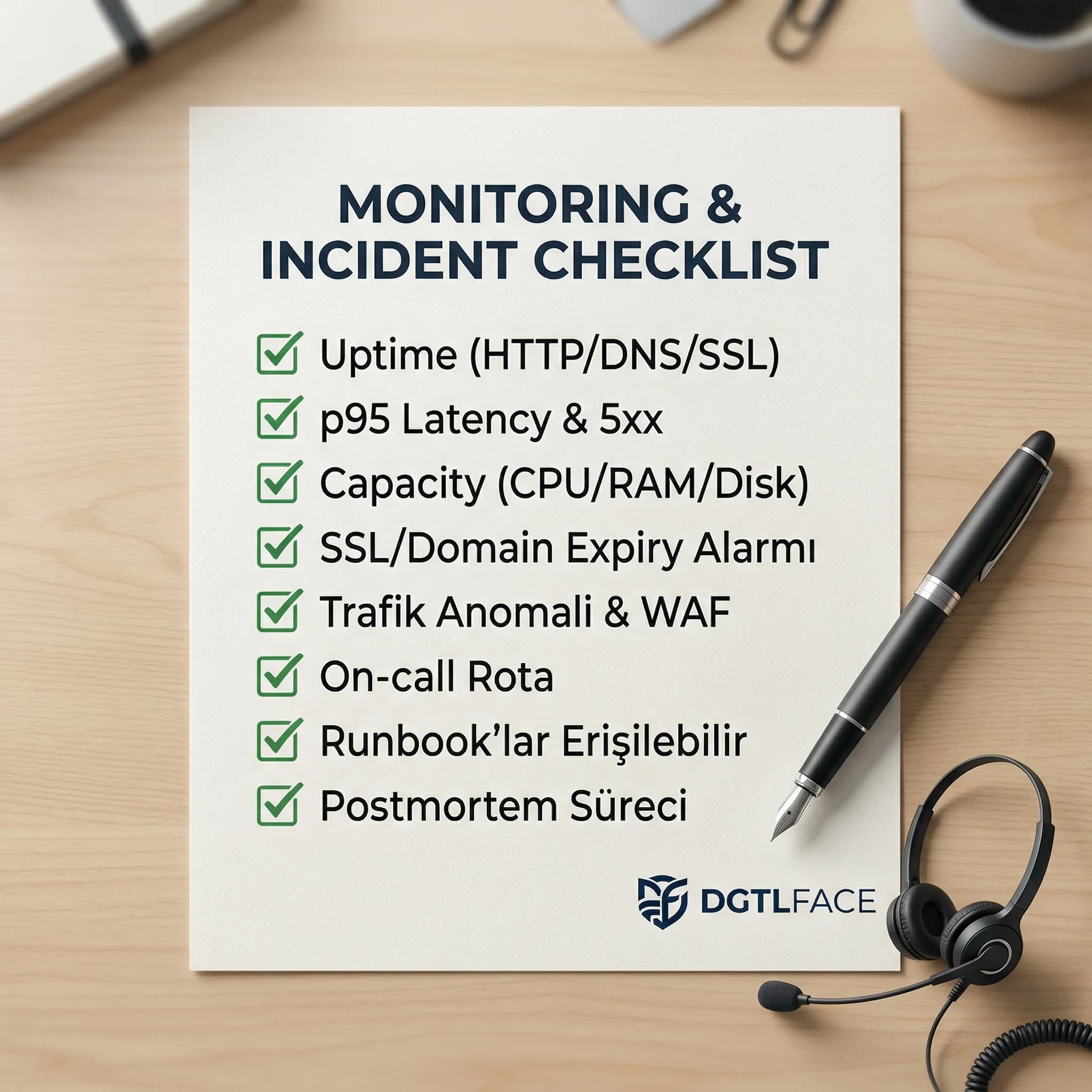 Monitoring ve incident checklist’i, on call ve postmortem ile uygulanabilir ops standardı