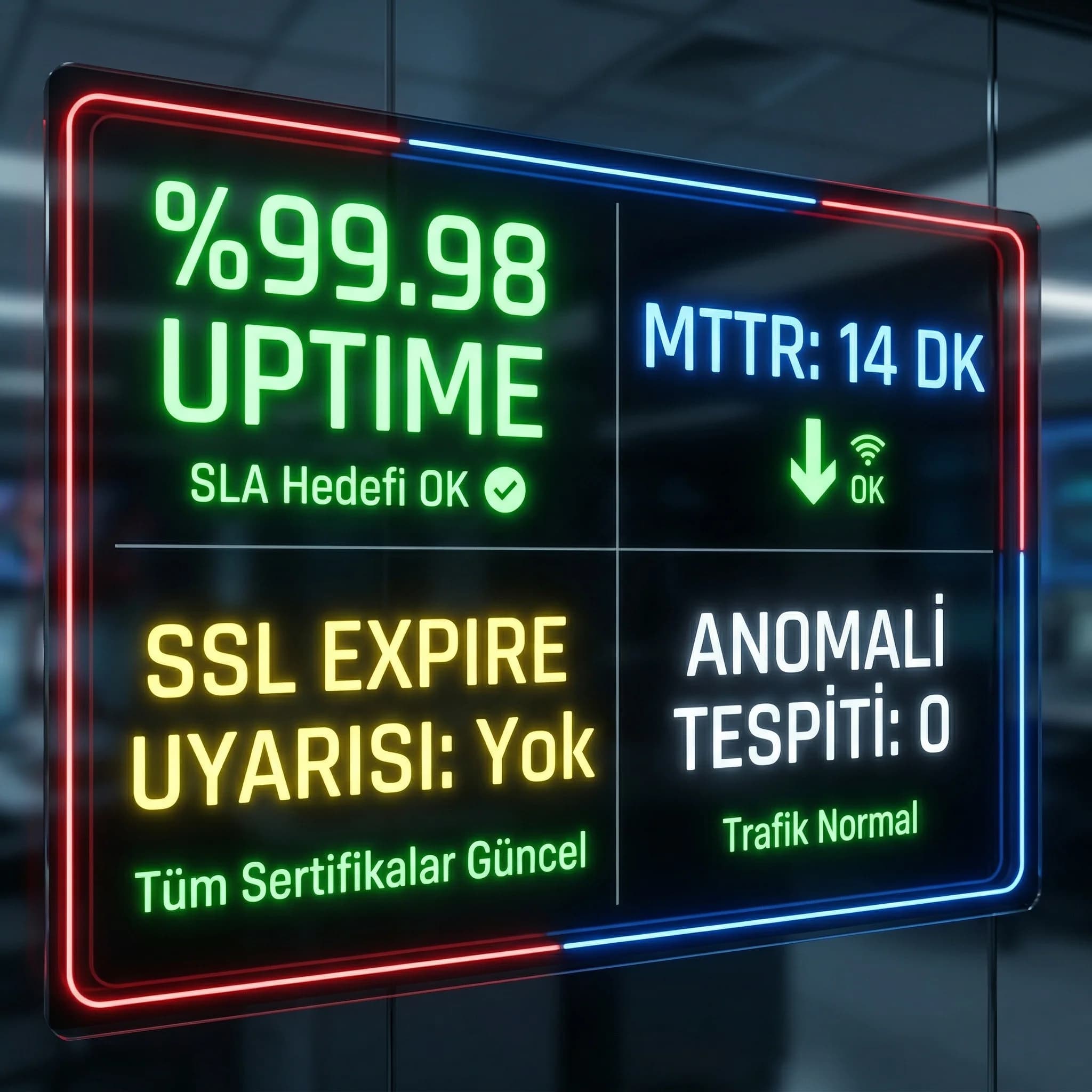 Uptime ve MTTR KPI paneli, SSL expiry ve anomali alarmlarıyla erken uyarı performansı