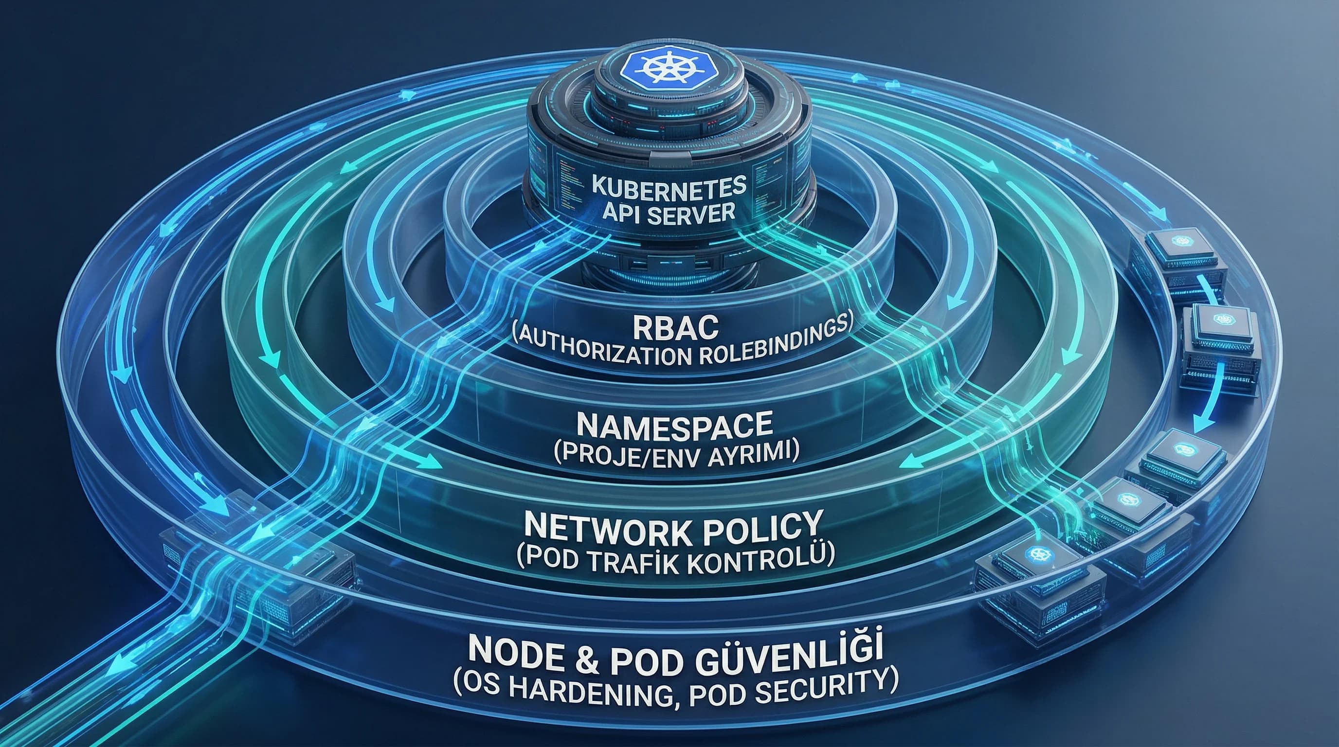 Kubernetes güvenlik katmanları diyagramı API server RBAC namespace network policy node