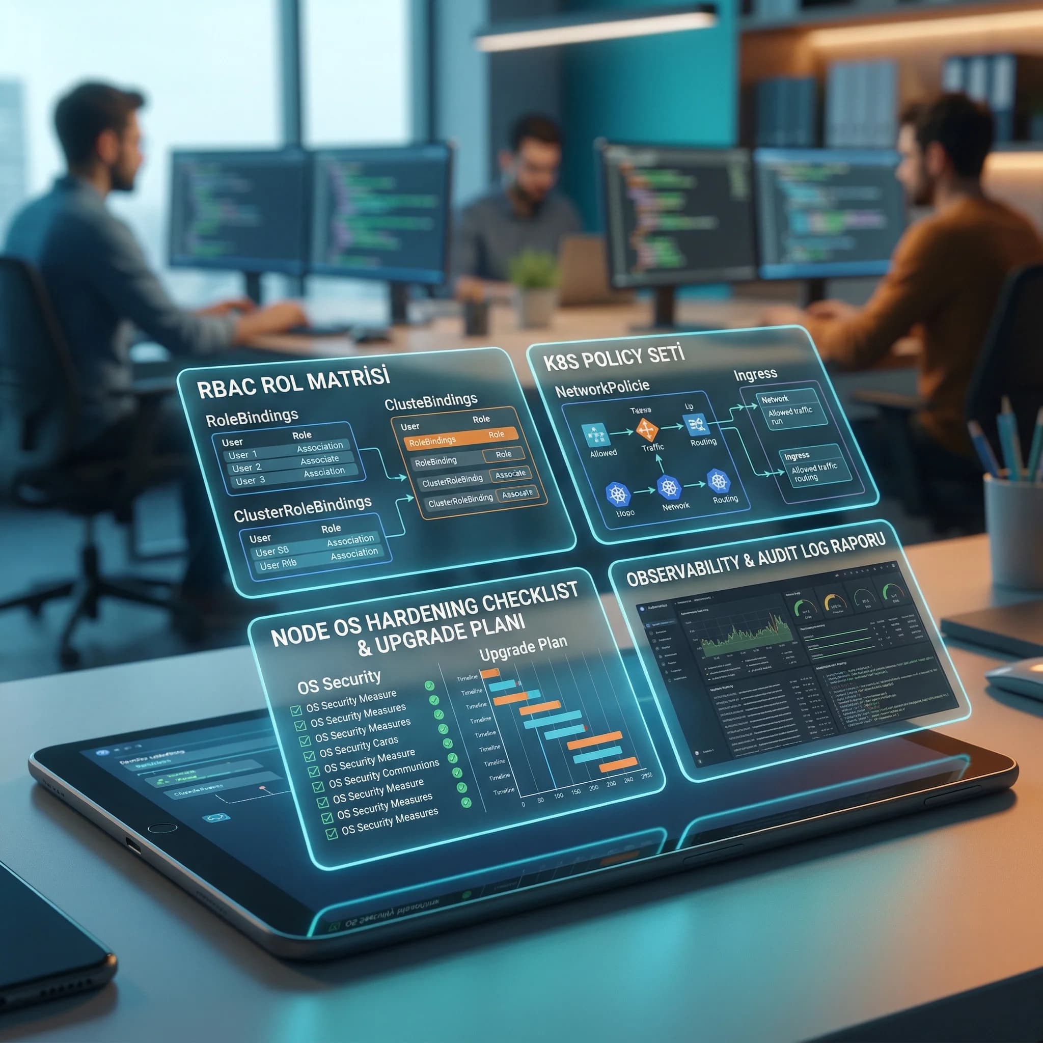 K8s güvenlik deliverable seti, RBAC matrisi policy seti upgrade planı ve observability çıktıları