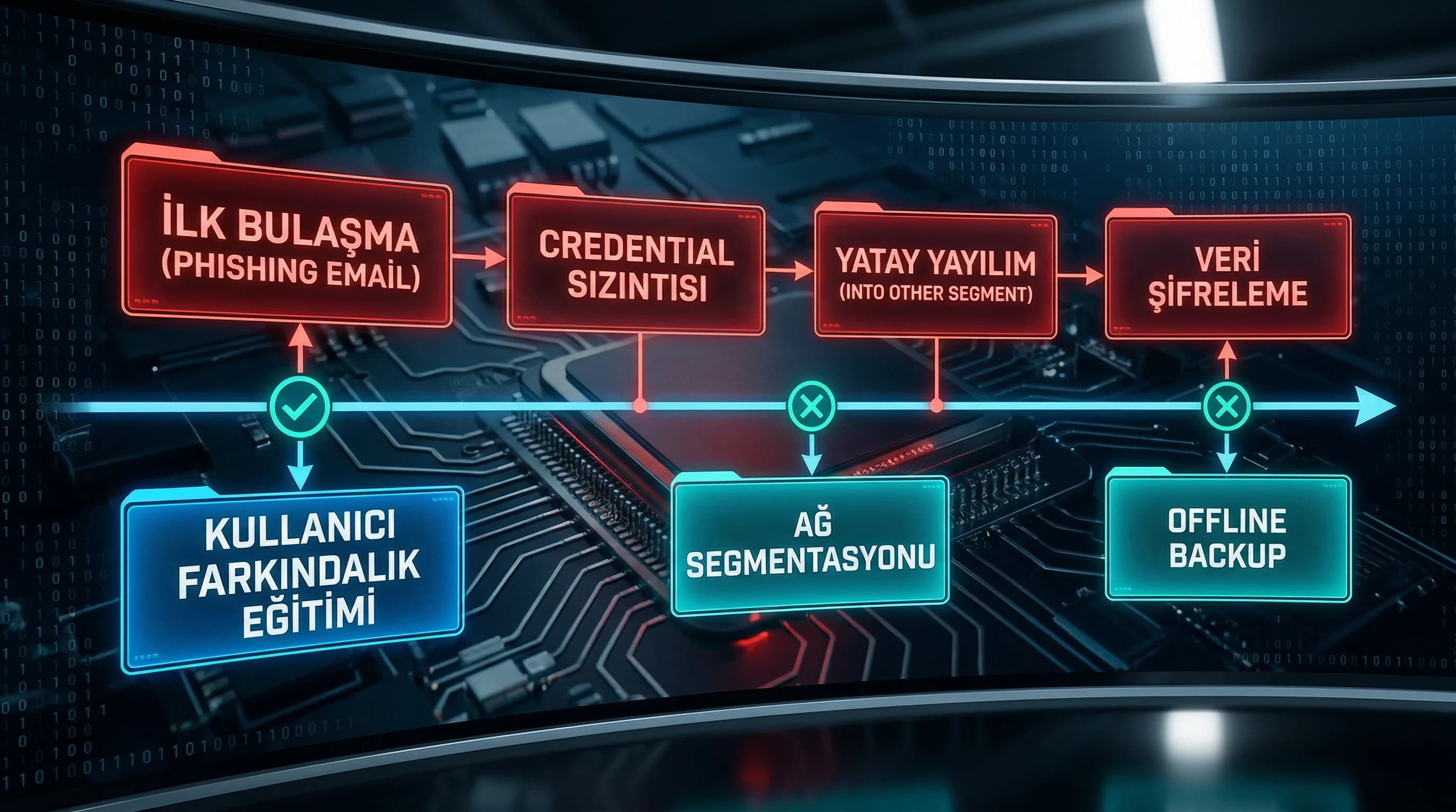 Ransomware saldırı akışı phishing bulaşma yayılma şifreleme, savunma noktalarıyla diyagram