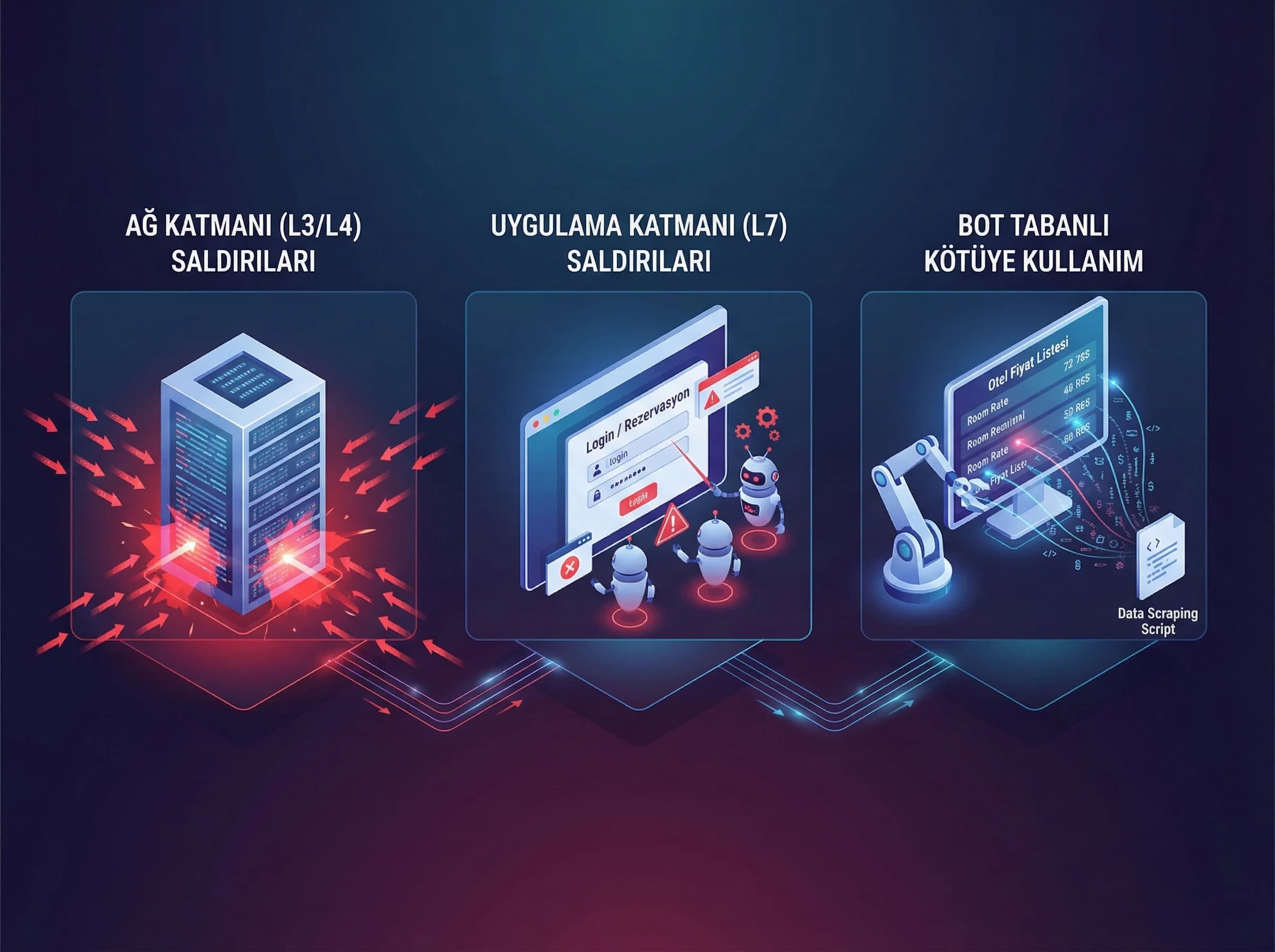 DDoS türleri ve etkileri, otel ve B2B siteleri için güvenlik bölümü ayırıcı