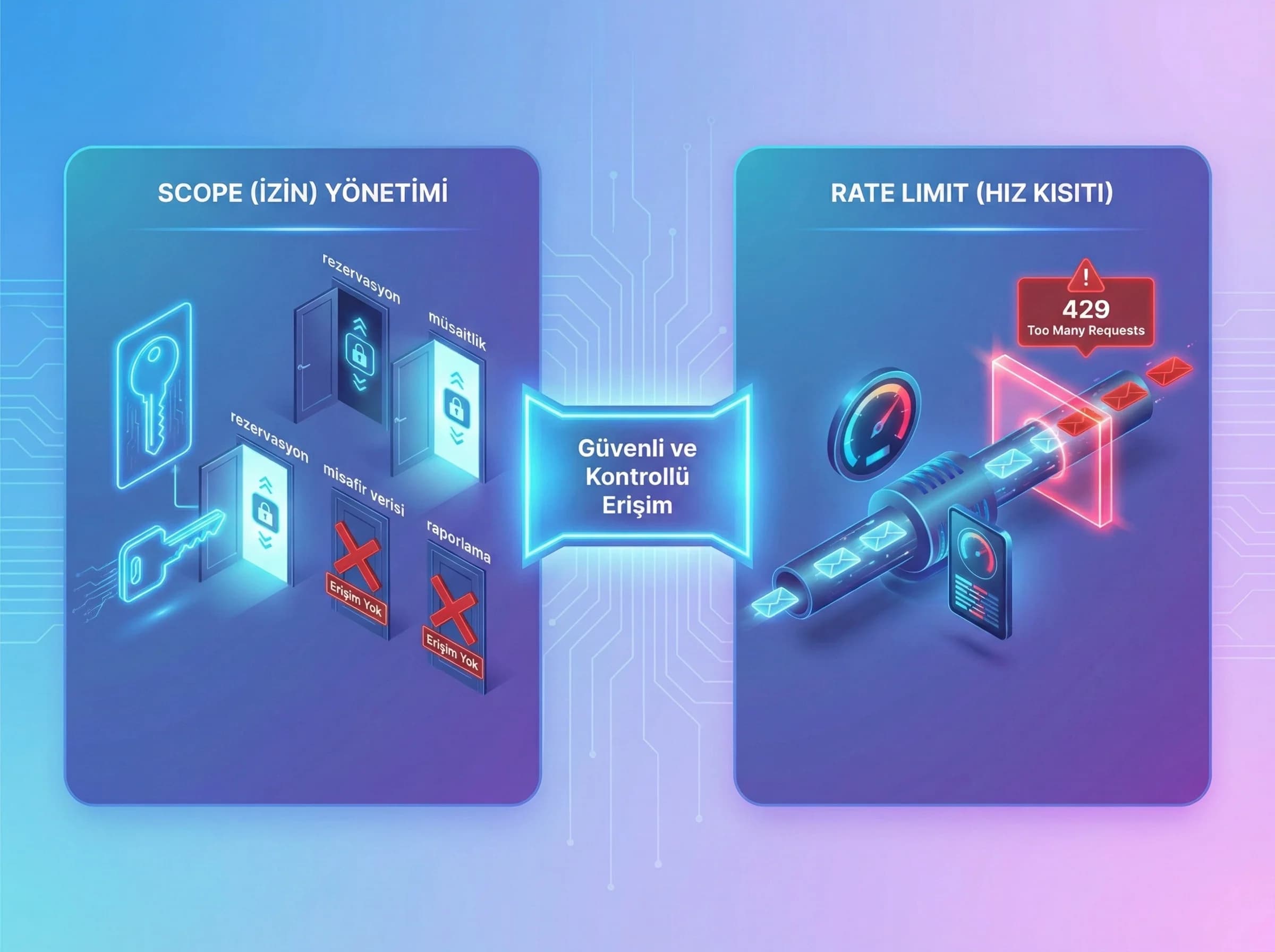 Scope ve rate limit tasarımı, PMS/OTA entegrasyonları için bölüm ayırıcı