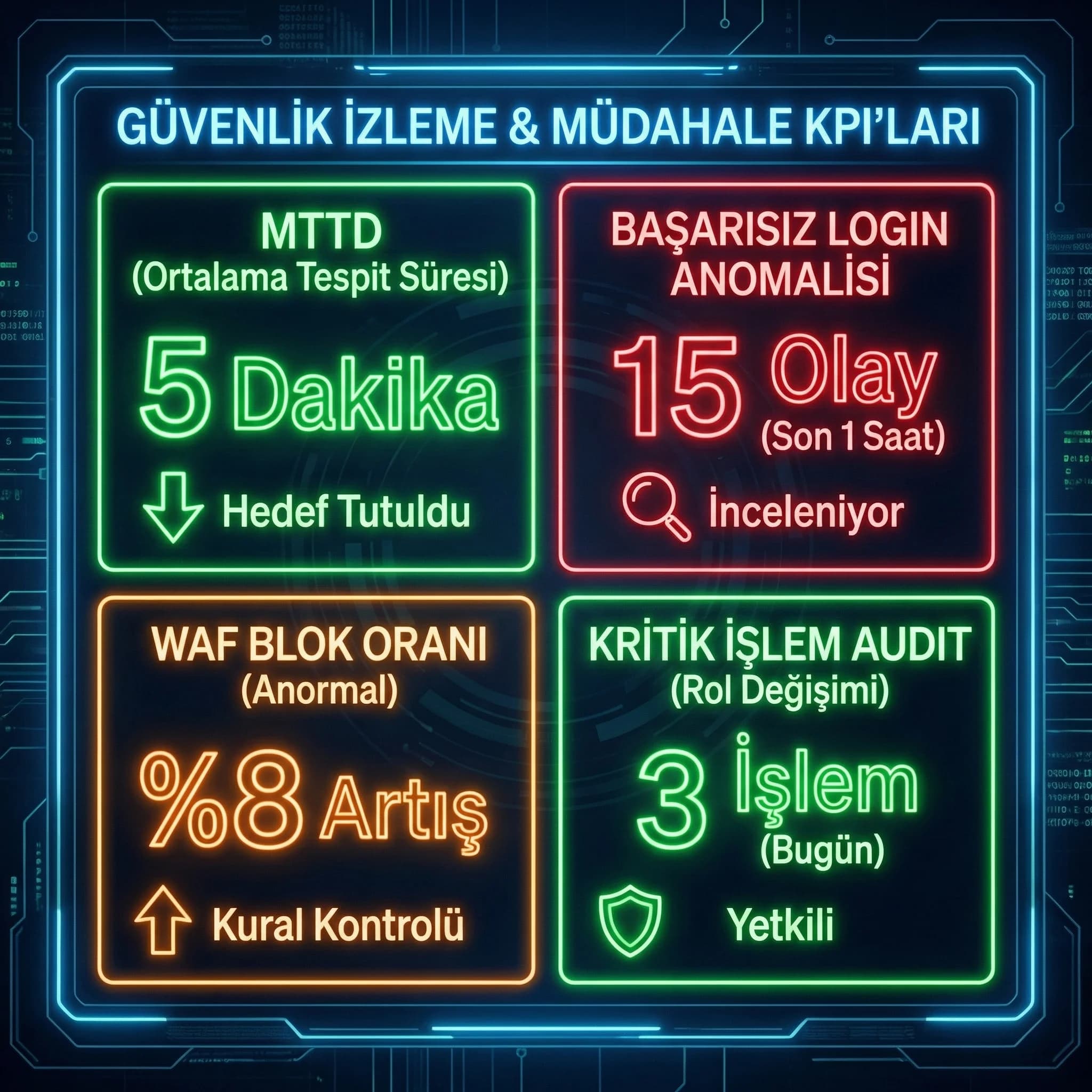 MTTD/MTTR ve login/WAF anomali KPI paneli, web altyapısında erken uyarı sistemi