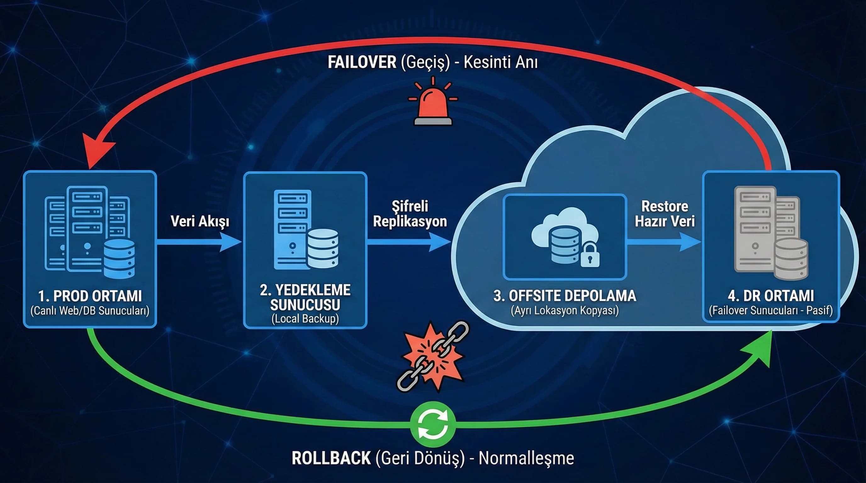 Prod→backup→offsite→DR ortamı akış diyagramı, otel ve B2B için felaket kurtarma modeli