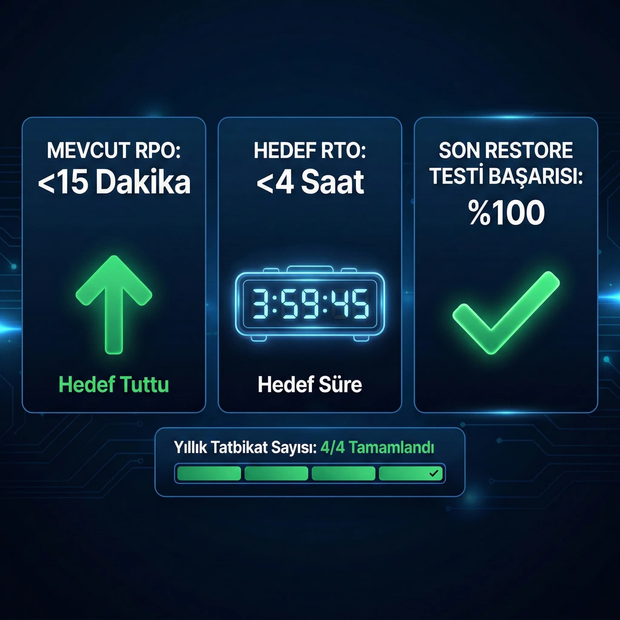 RPO/RTO ve restore başarı KPI paneli, web sunucularında felaket kurtarma performansı”