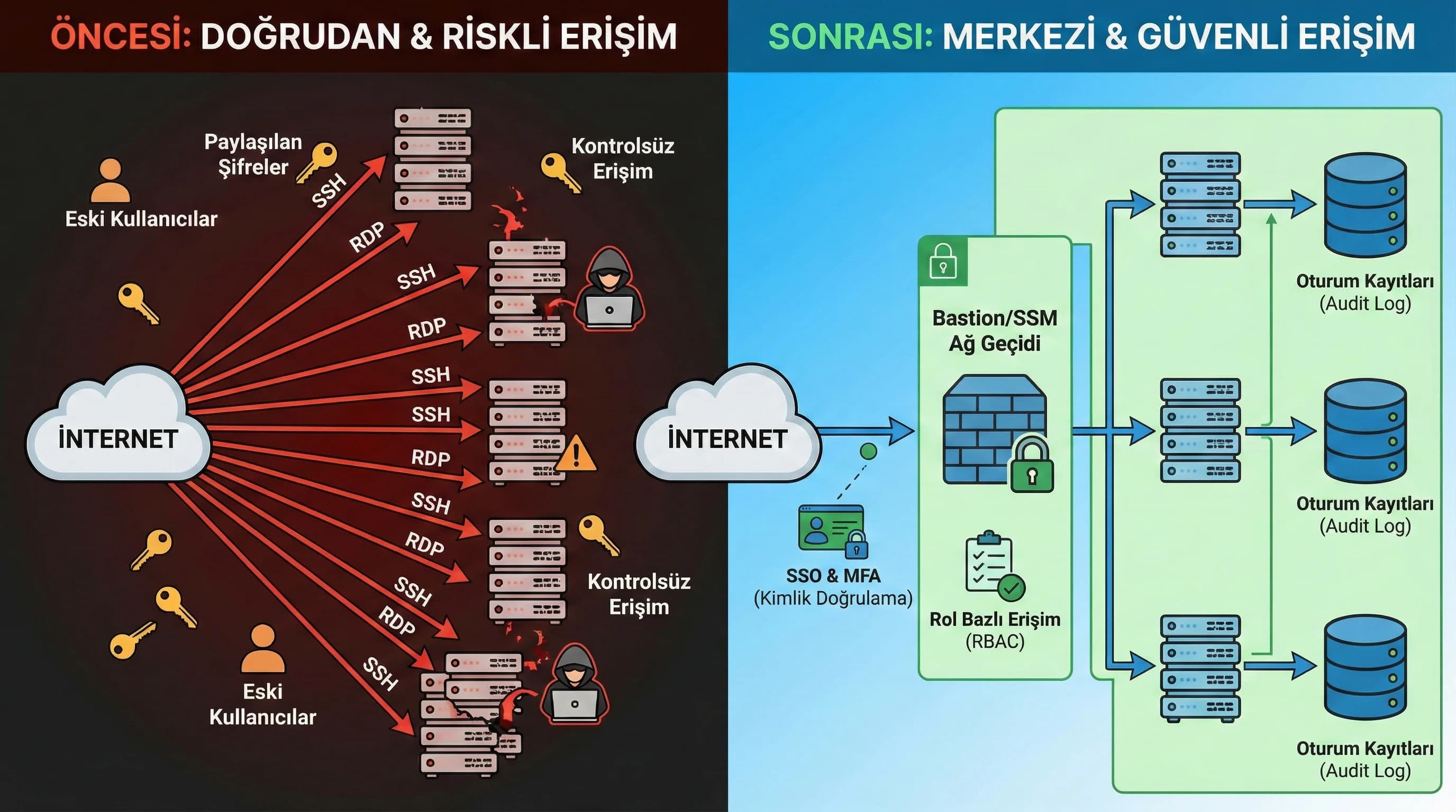 Doğrudan SSH/RDP kaldırma yaklaşımı, bastion/SSM ile kayıtlı oturum ve rol bazlı erişim