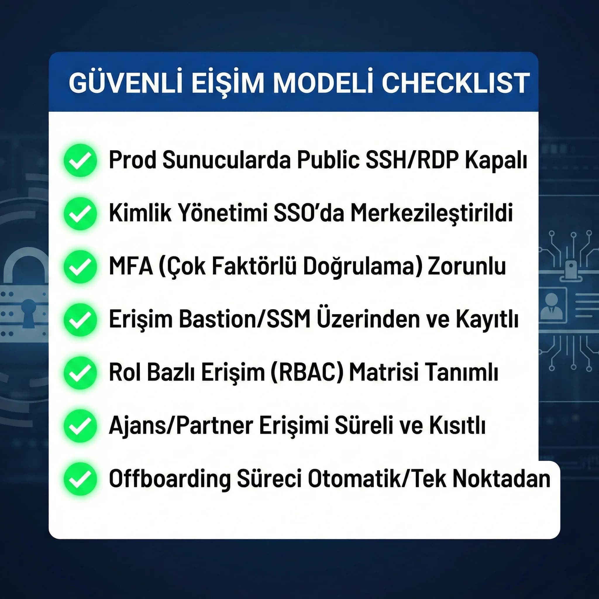 Erişim modeli checklist’i, SSH/RDP kaldırma ve oturum kayıtlarıyla IAM standardı