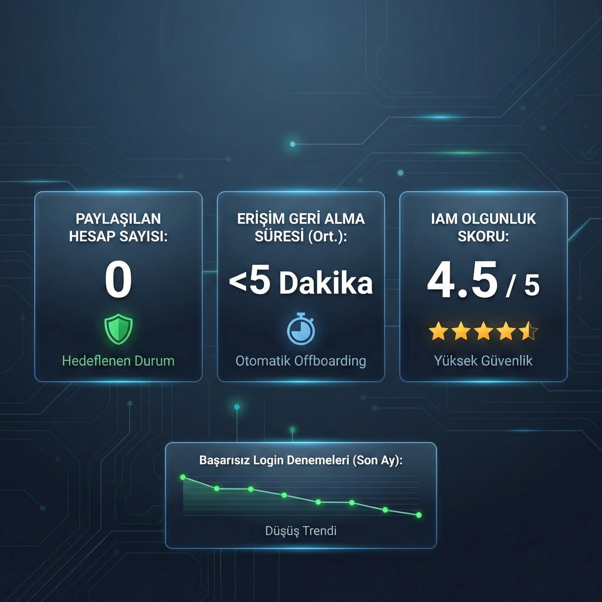 IAM KPI paneli, paylaşılan hesap azalması ve erişim geri alma süresi ile güvenli oturum yönetimi