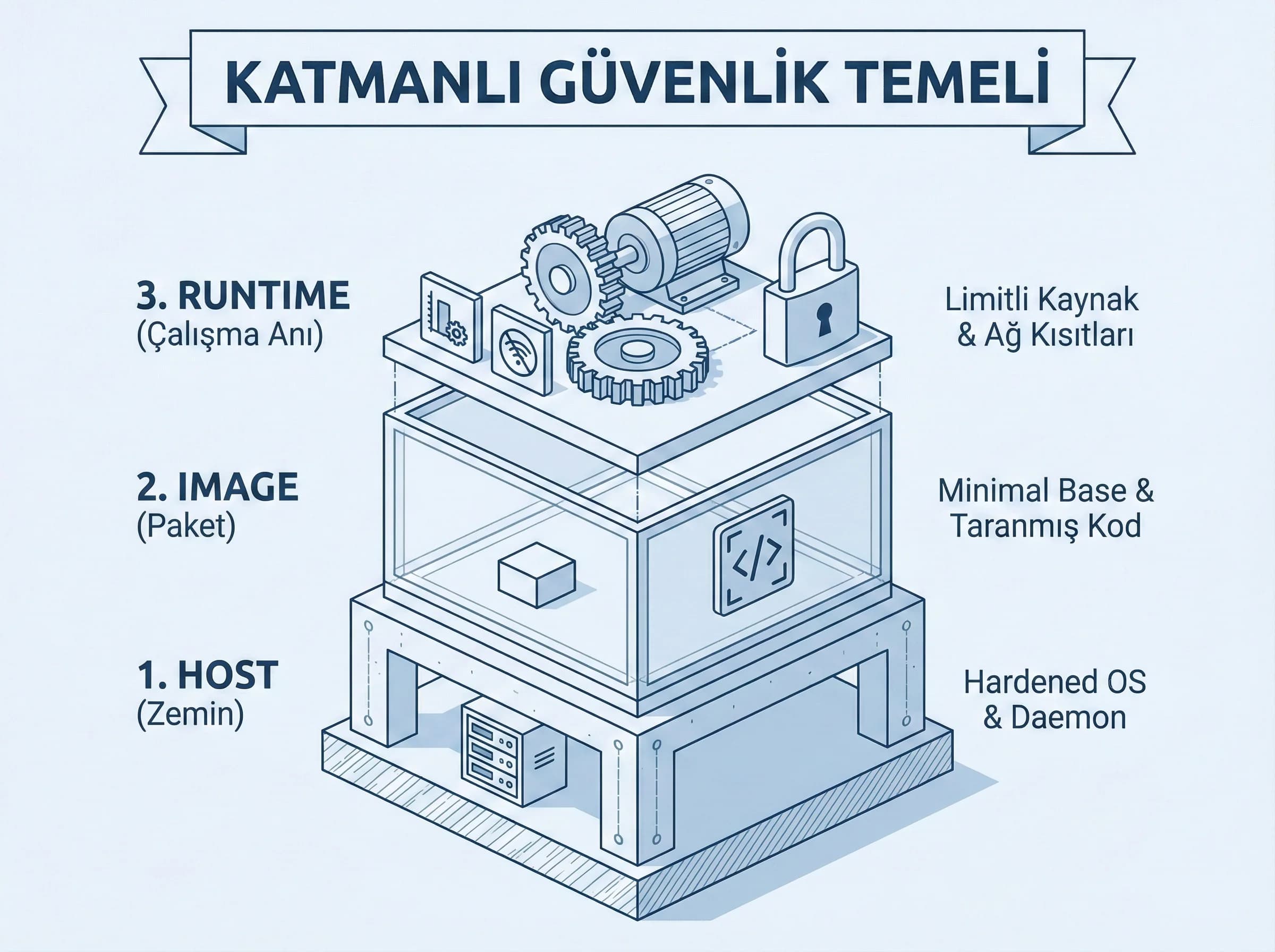 Container güvenliğinin temelleri bölümü, host image runtime katmanlarıyla güvenlik yaklaşımı