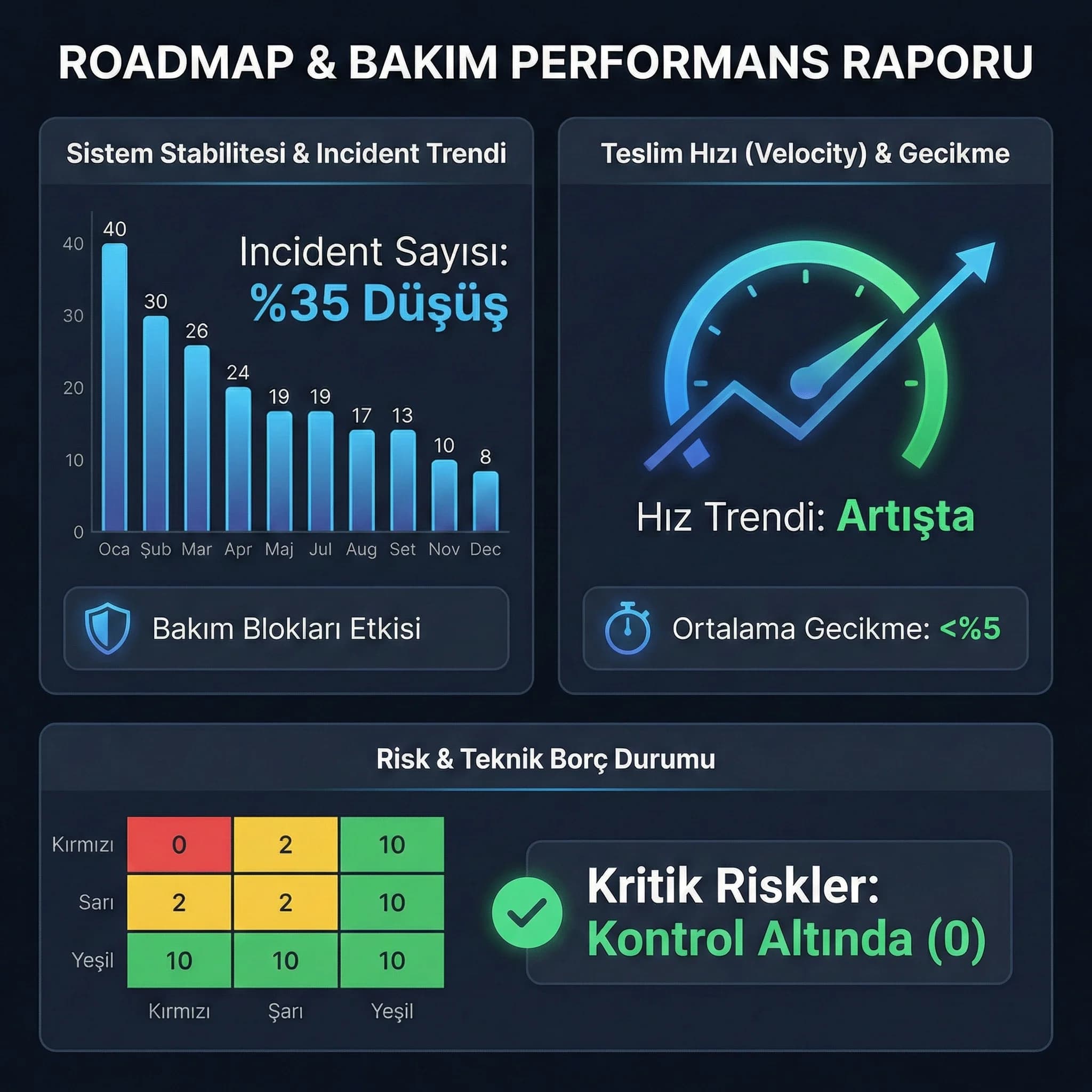 Bakım KPI paneli, amaç etkiyi göstermek, yönetim raporu bağlamı