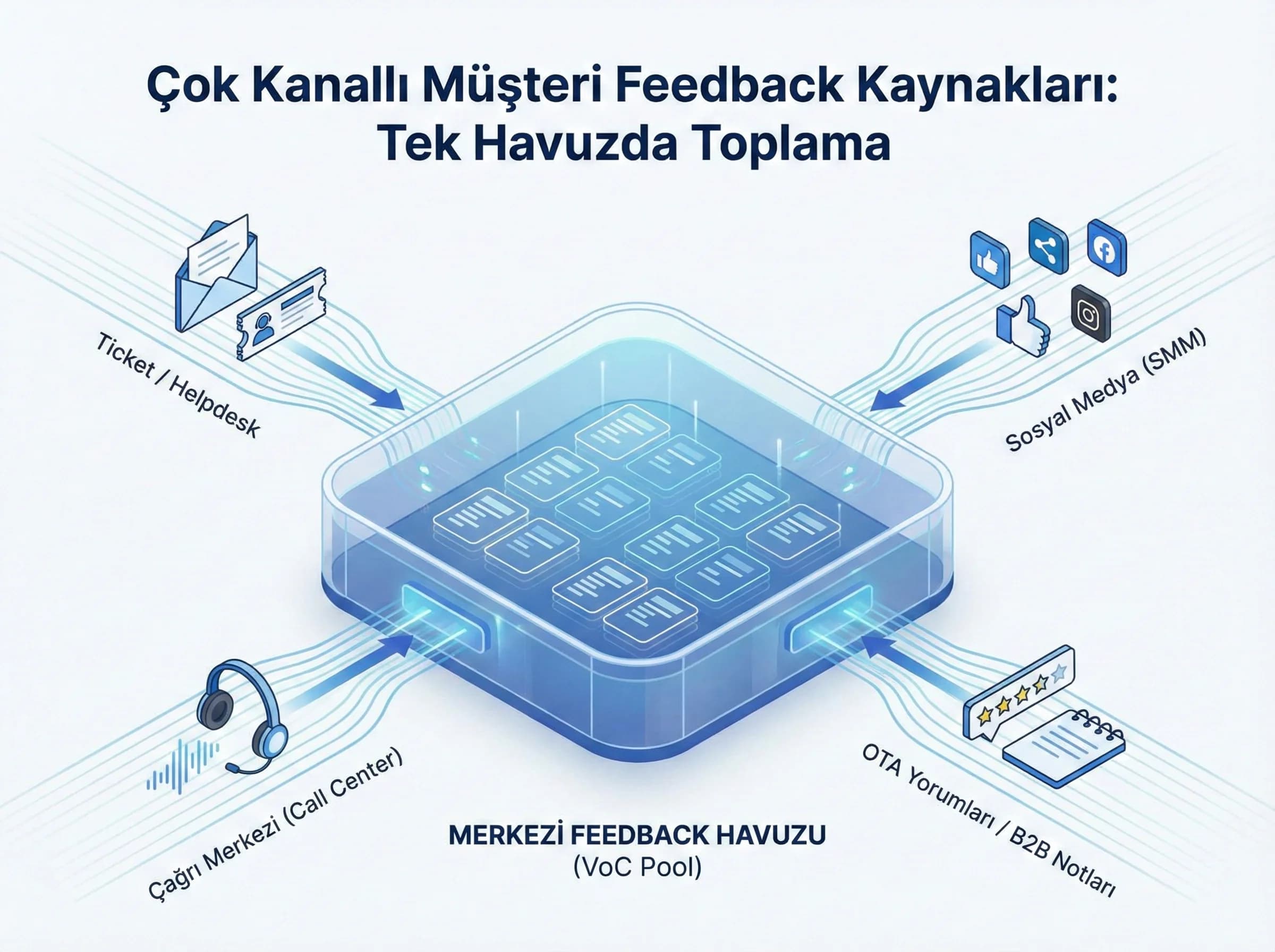 Feedback kaynakları bölümü, amaç kanal birleştirme, otel ve B2B bağlamı