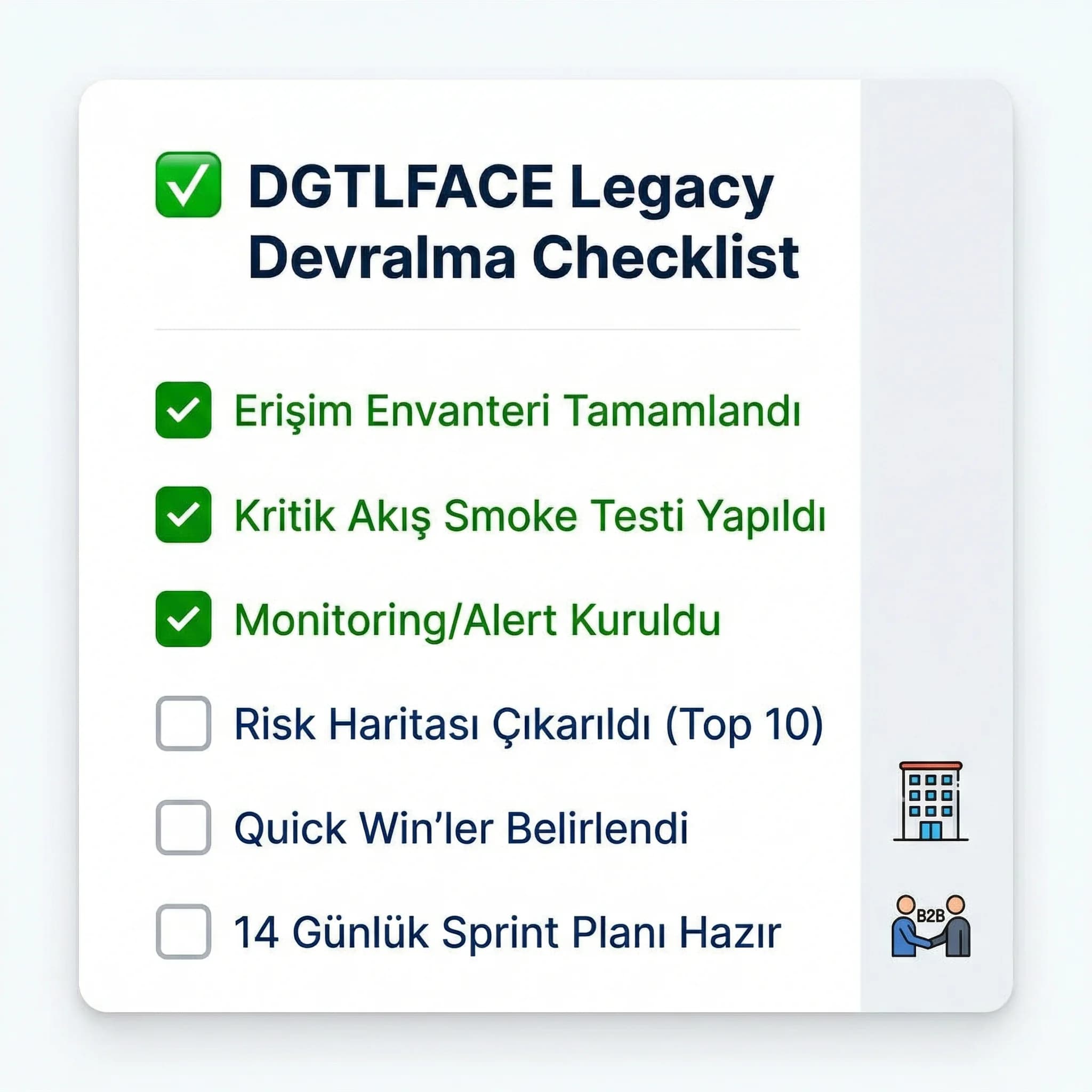 Legacy devralma checklist kartı, amaç hızlı uygulama, ajans ve işletme bağlamı