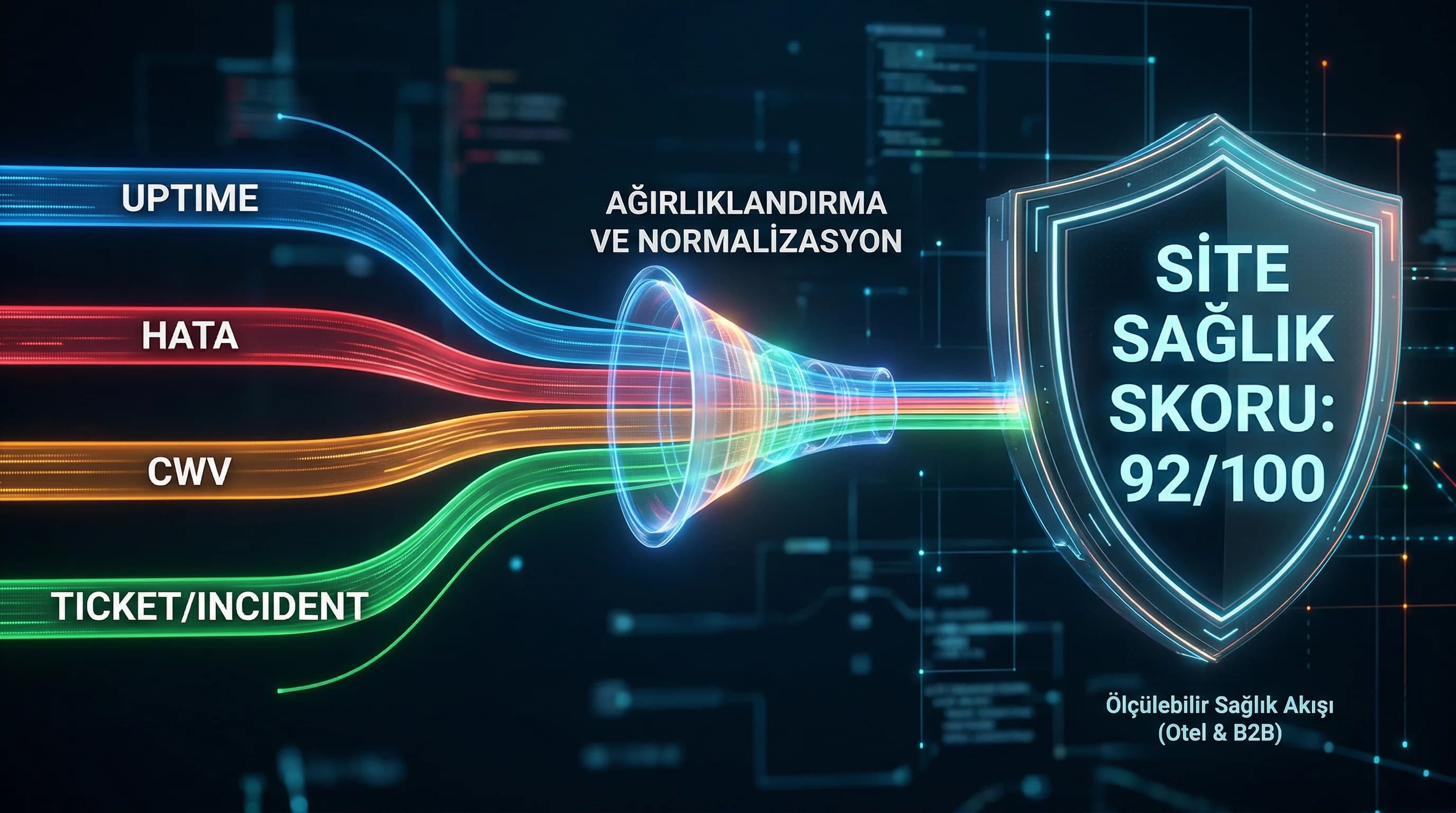 KPI→health score akışı, amaç ölçülebilir sağlık, otel ve B2B bağlamı