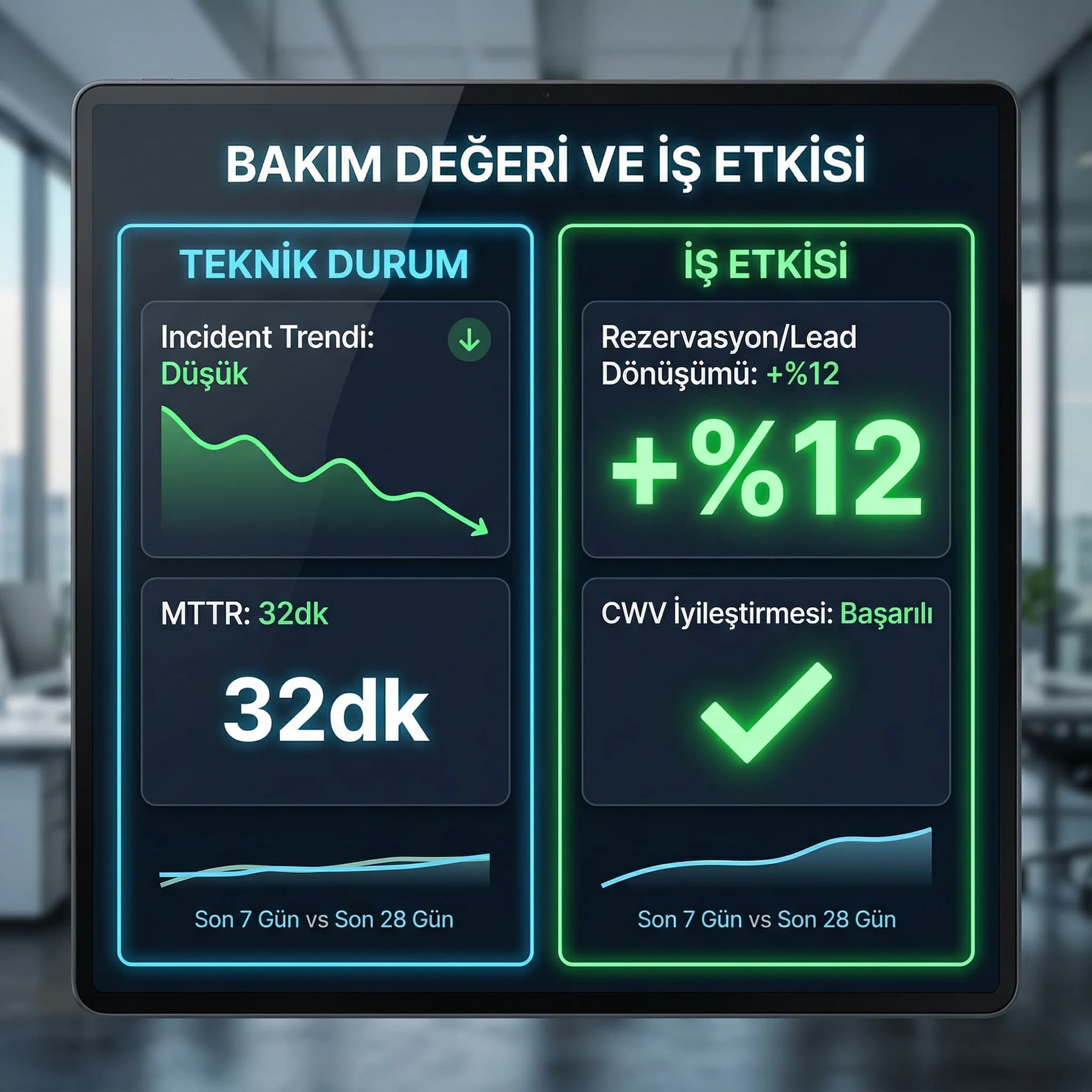 Dashboard KPI kartları mockup, amaç bakım değerini göstermek, yönetim bağlamı