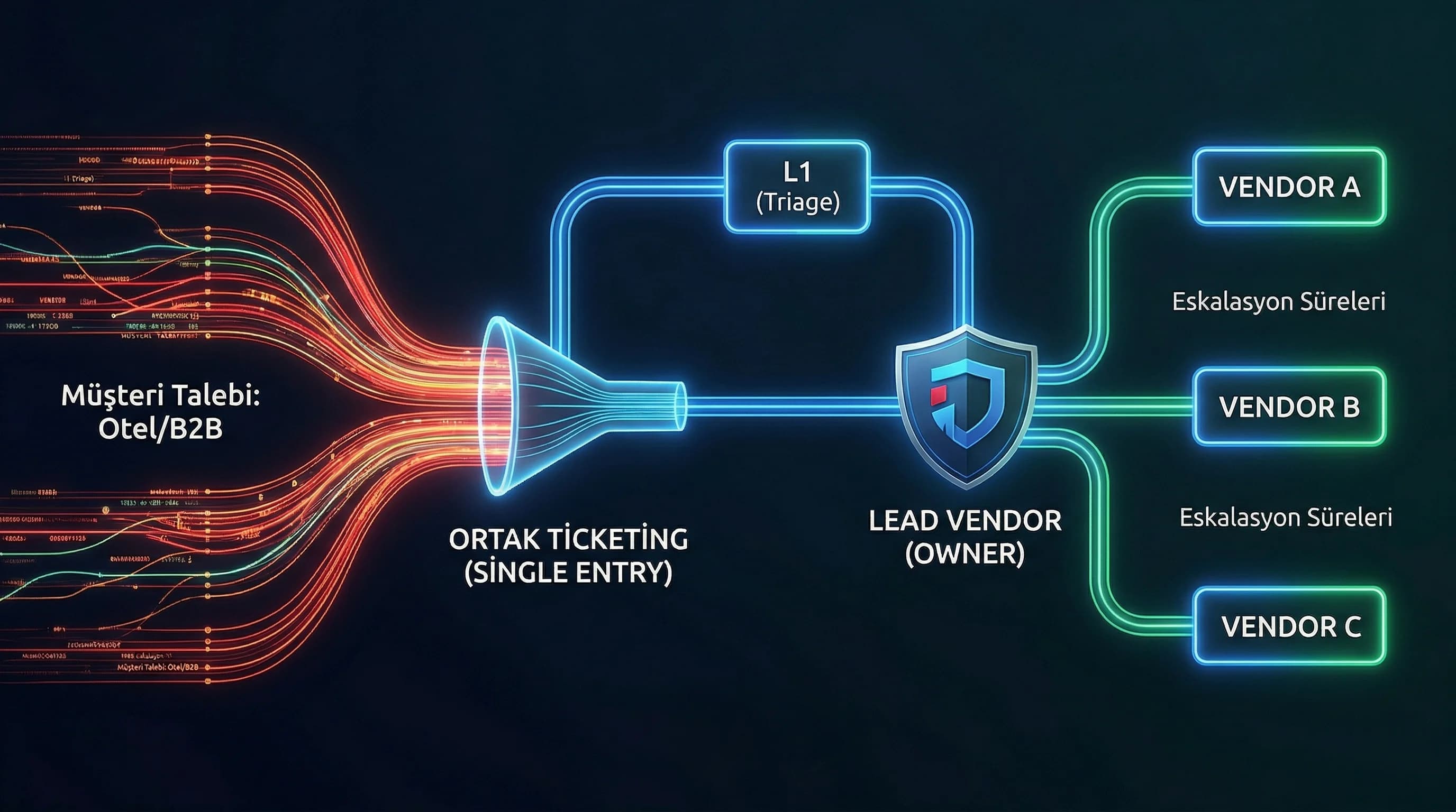 Müşteri→lead vendor→vendor akışı, amaç koordinasyon, otel ve B2B bağlamı