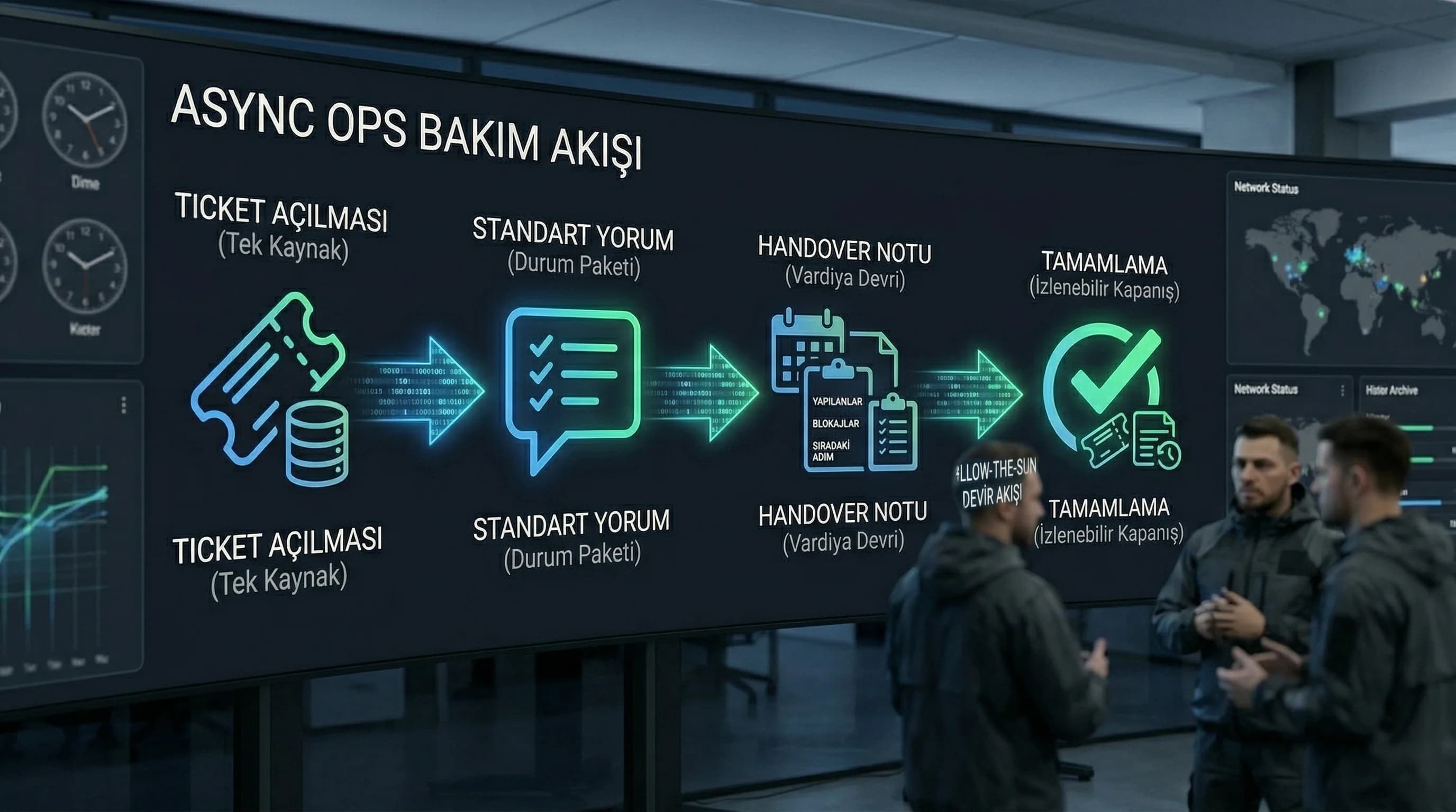 Ticket→yorum→handover akışı, amaç async bakım, ops bağlamı