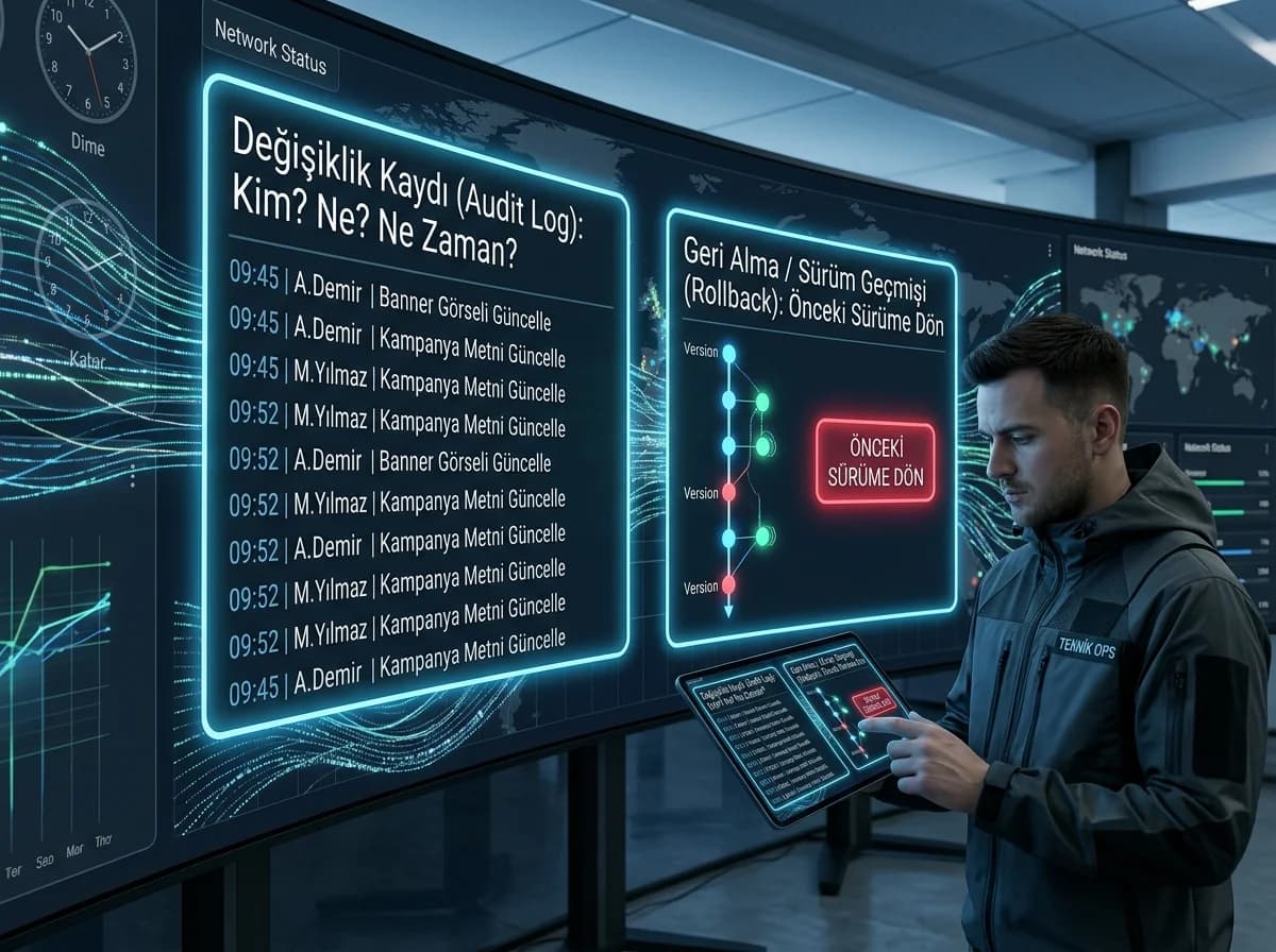 Risk yönetimi bölümü, amaç audit log ve rollback, teknik ops bağlamı