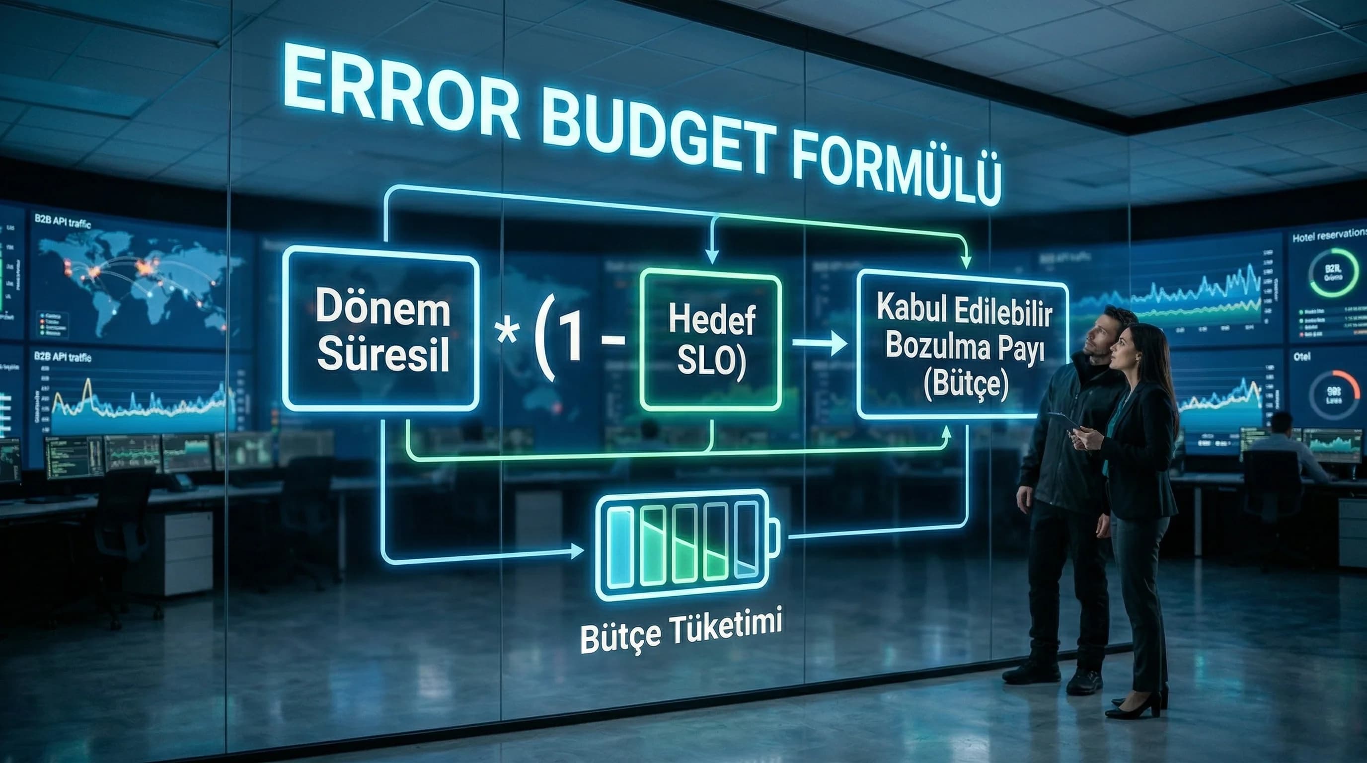Error budget formülü diyagramı, amaç SLO/SLA ilişkisi, ekip bağlamı