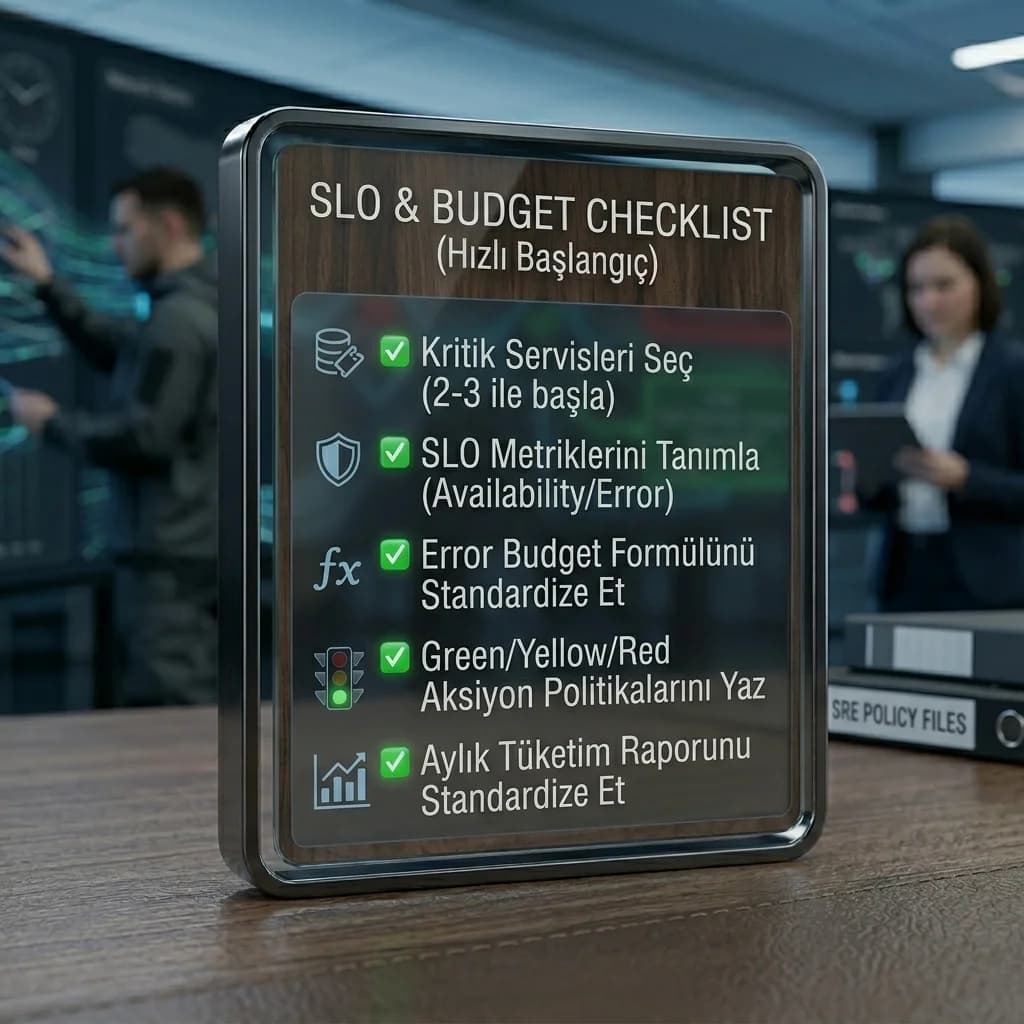 SLO ve error budget checklist kartı, amaç hızlı başlangıç, ekip bağlamı