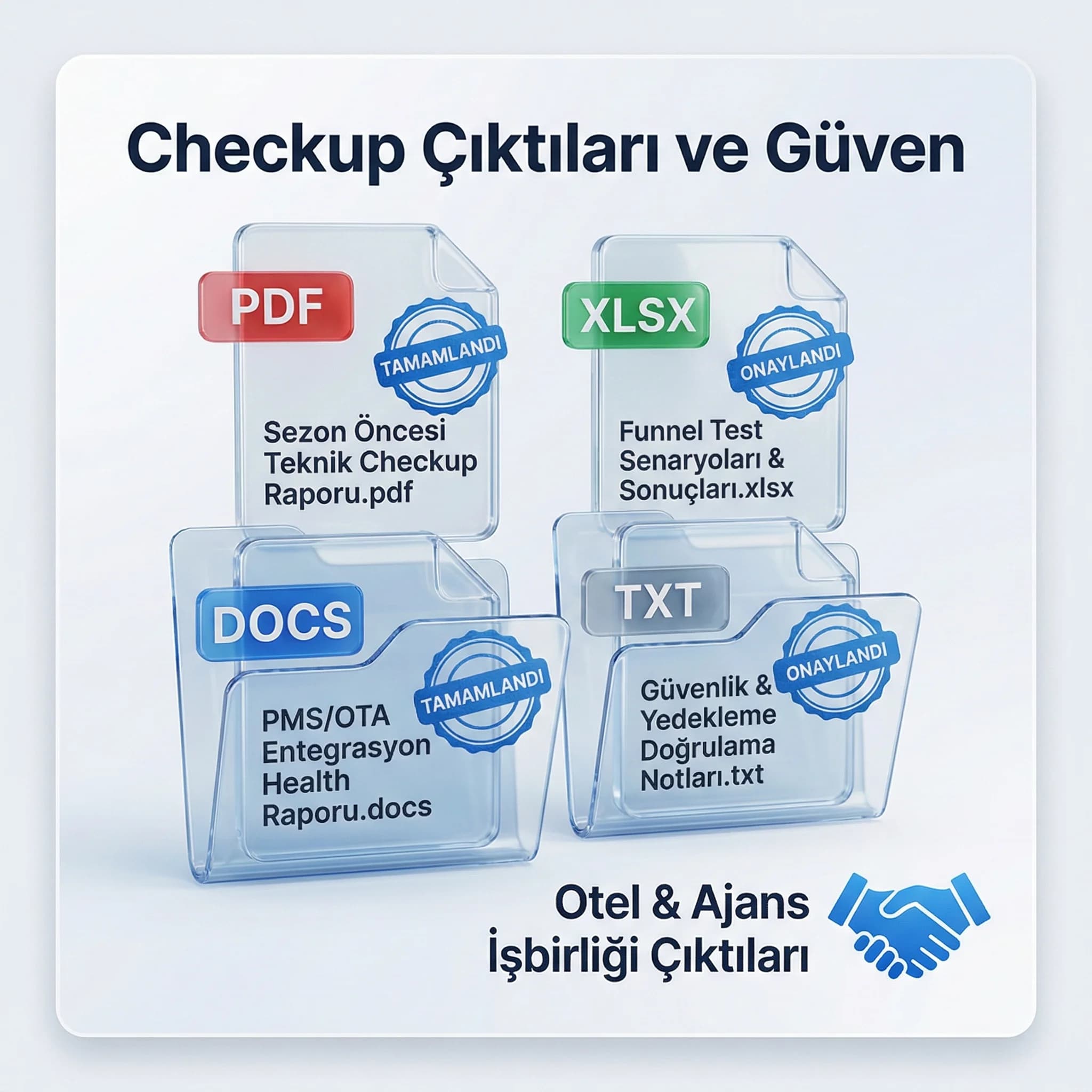 Checkup çıktıları kartı, amaç güven unsuru, otel-ajans işbirliği bağlamı