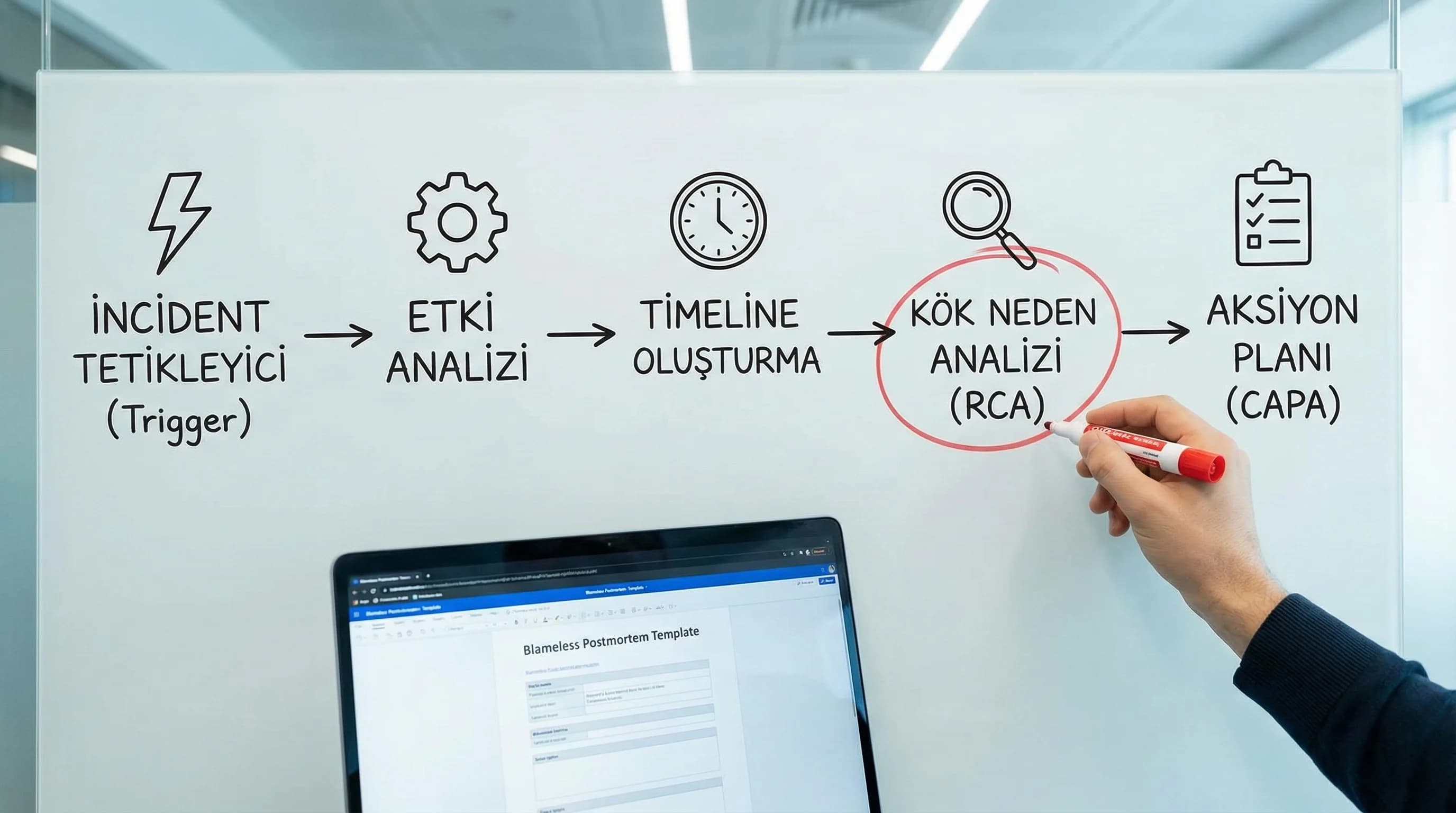 Timeline ve RCA akışı, amaç kök nedeni bulma, operasyon ve IT bağlamı